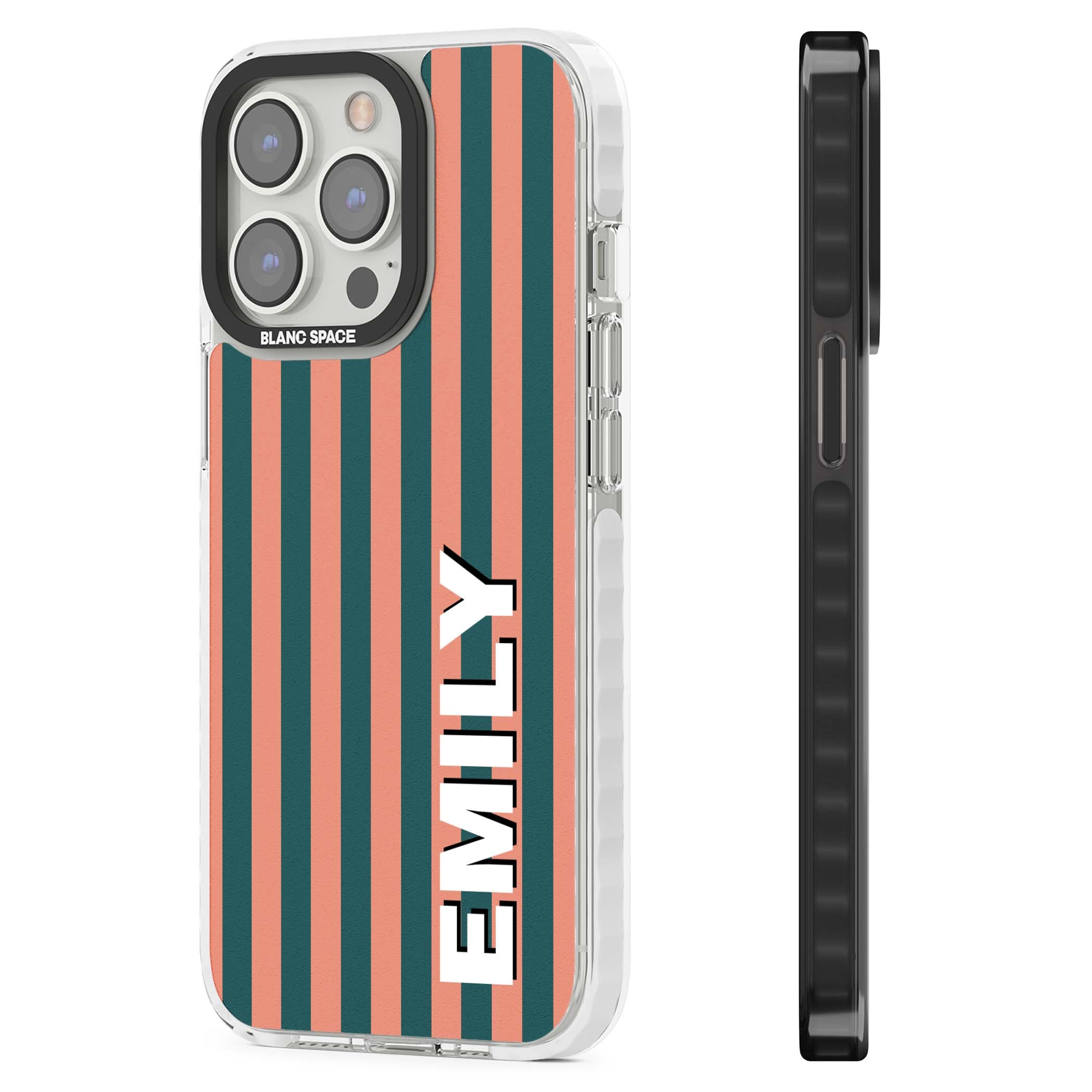 Tuscan Stripe personalised iPhone case featuring coral and green vertical stripes with bold custom name | Impact Magsafe case for iPhone 13 Pro, iPhone 14 Pro, iPhone 15 Pro