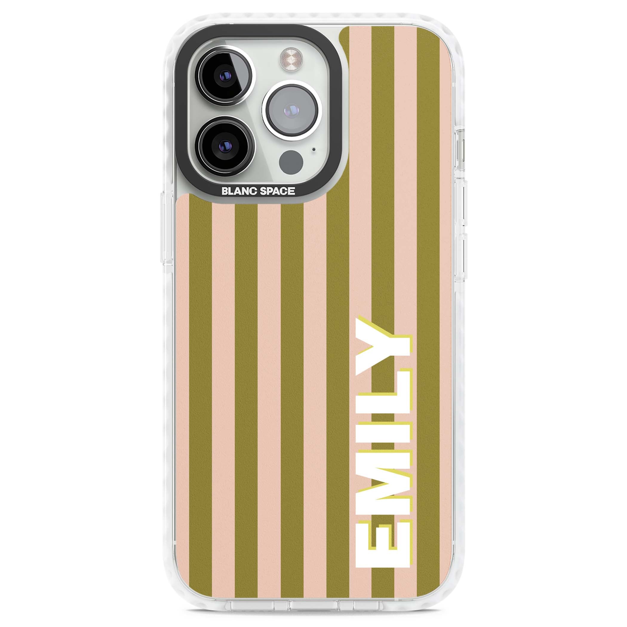 Indian Stripe personalised iPhone case featuring olive green and blush pink vertical stripes with custom name in whit | Impact Magsafe case for iPhone 13 Pro, iPhone 14 Pro, iPhone 15 Pro