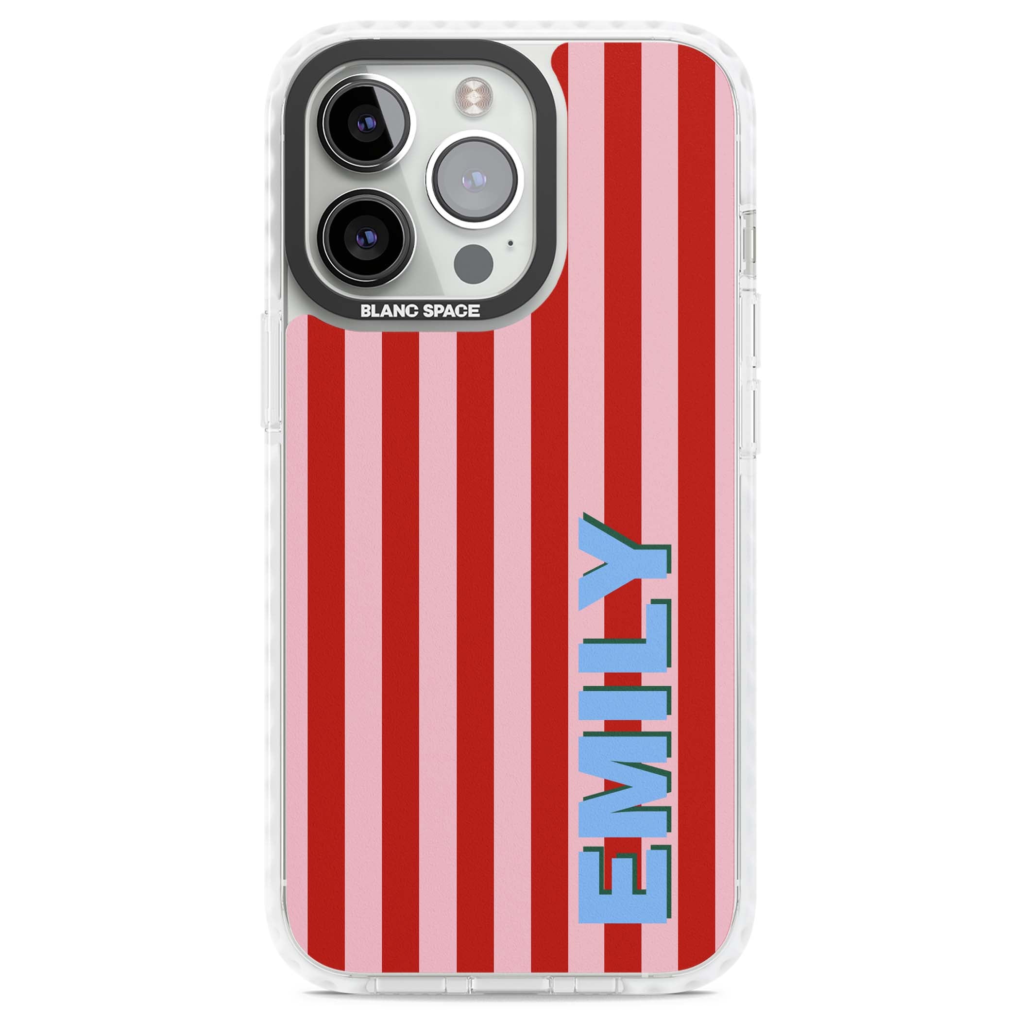 Market Stripe personalised iPhone case with red and pink vertical stripes and custom blue name | Impact Magsafe case for iPhone 13 Pro, iPhone 14 Pro, iPhone 15 Pro