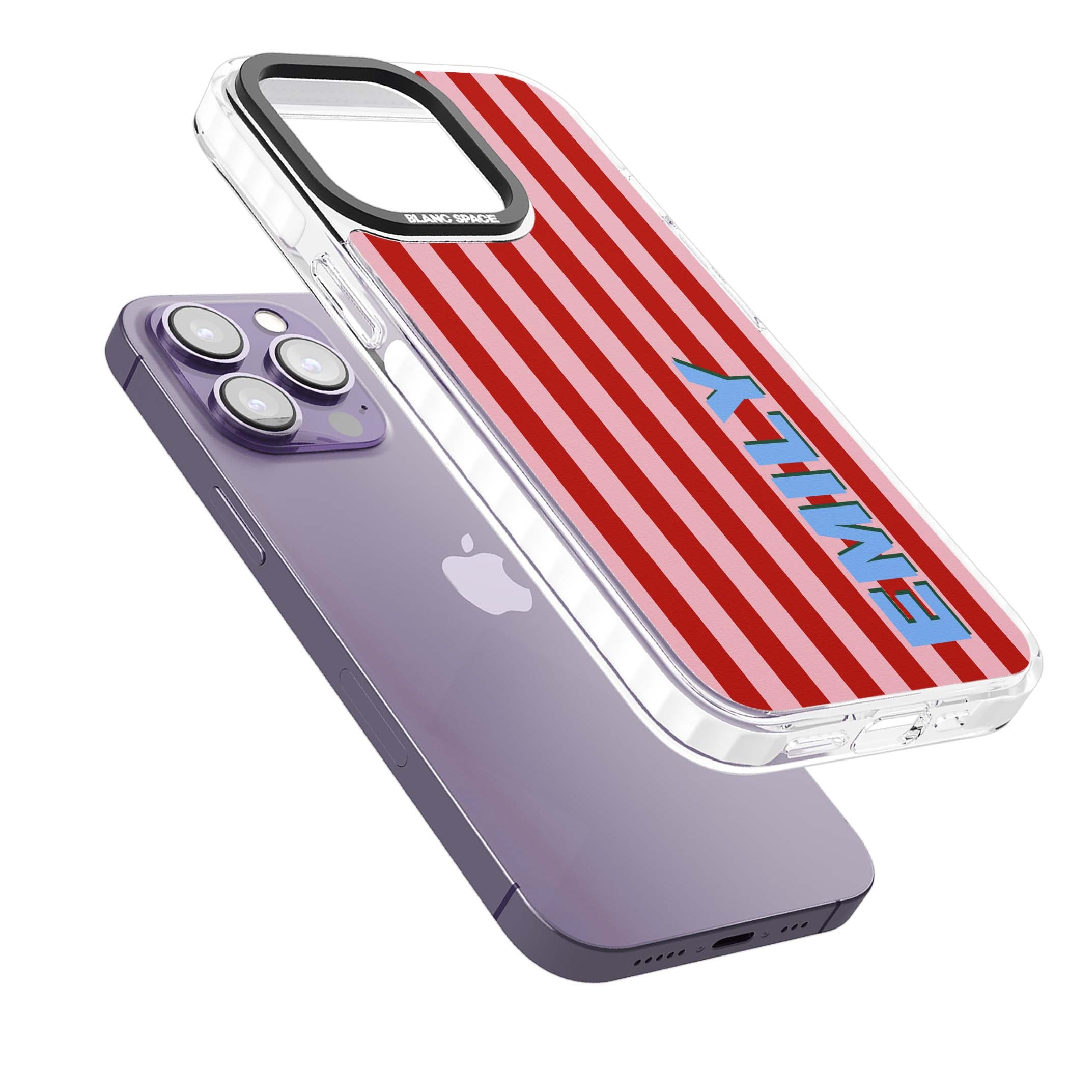 Market Stripe personalised iPhone case with red and pink vertical stripes and custom blue name | Impact Magsafe case for iPhone 13 Pro, iPhone 14 Pro, iPhone 15 Pro