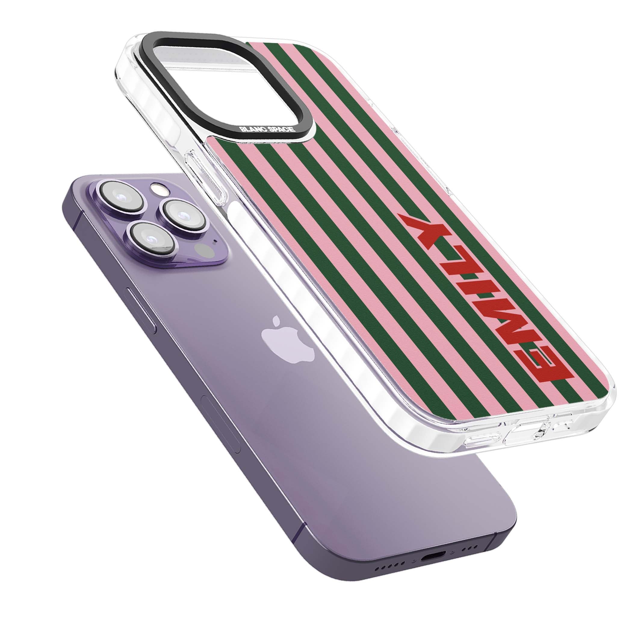 Italian Stripe preppy iPhone case featuring pink and green vertical stripes with personalised red name | Impact Magsafe case for iPhone 13 Pro, iPhone 14 Pro, iPhone 15 Pro