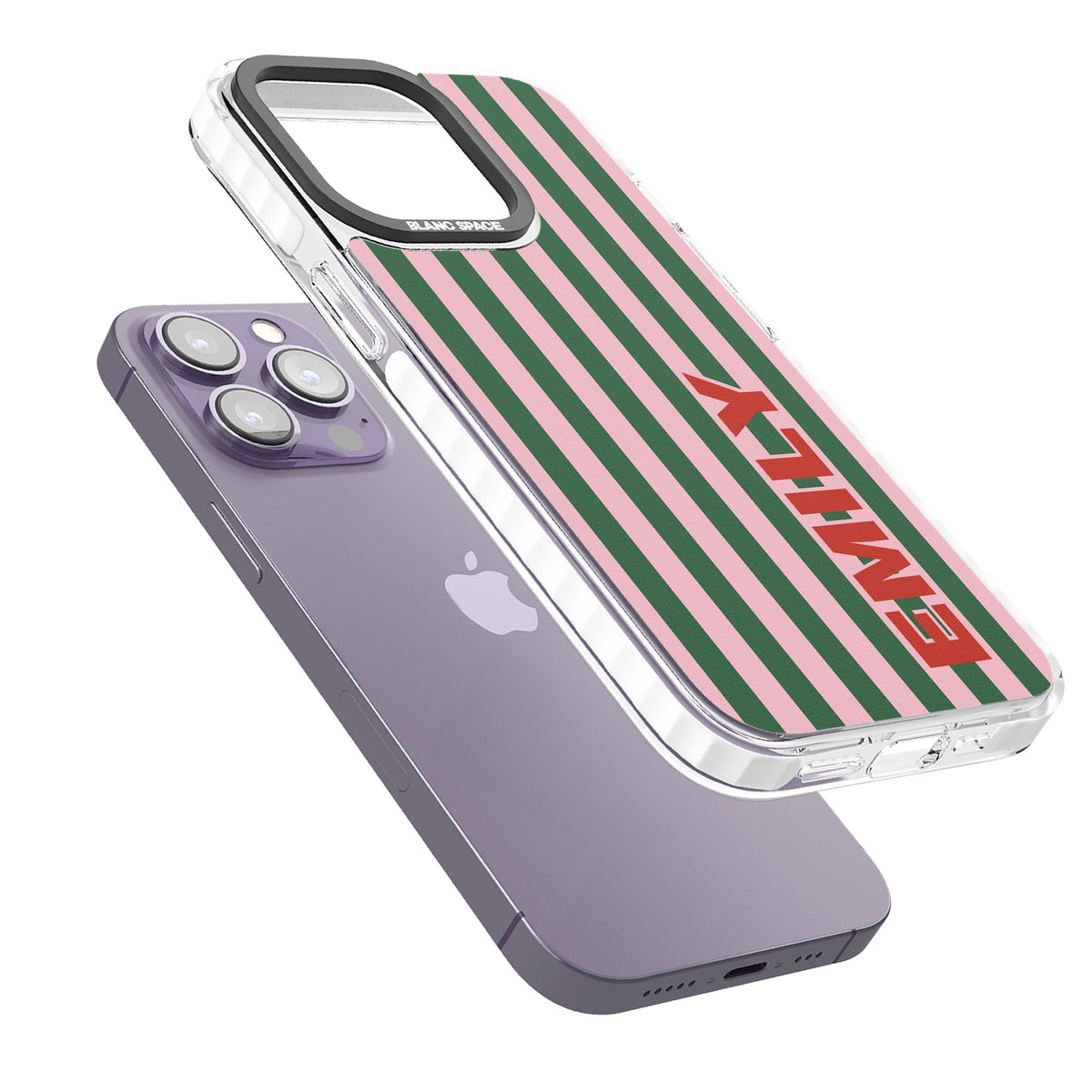 Personalised Italian Stripe iPhone 13 Pro / iPhone 13 Pro Max / iPhone 14 Pro / iPhone 14 Pro Max / iPhone 15 Pro / iPhone 15 Pro Max Impact Pro Clear Phone Case angled