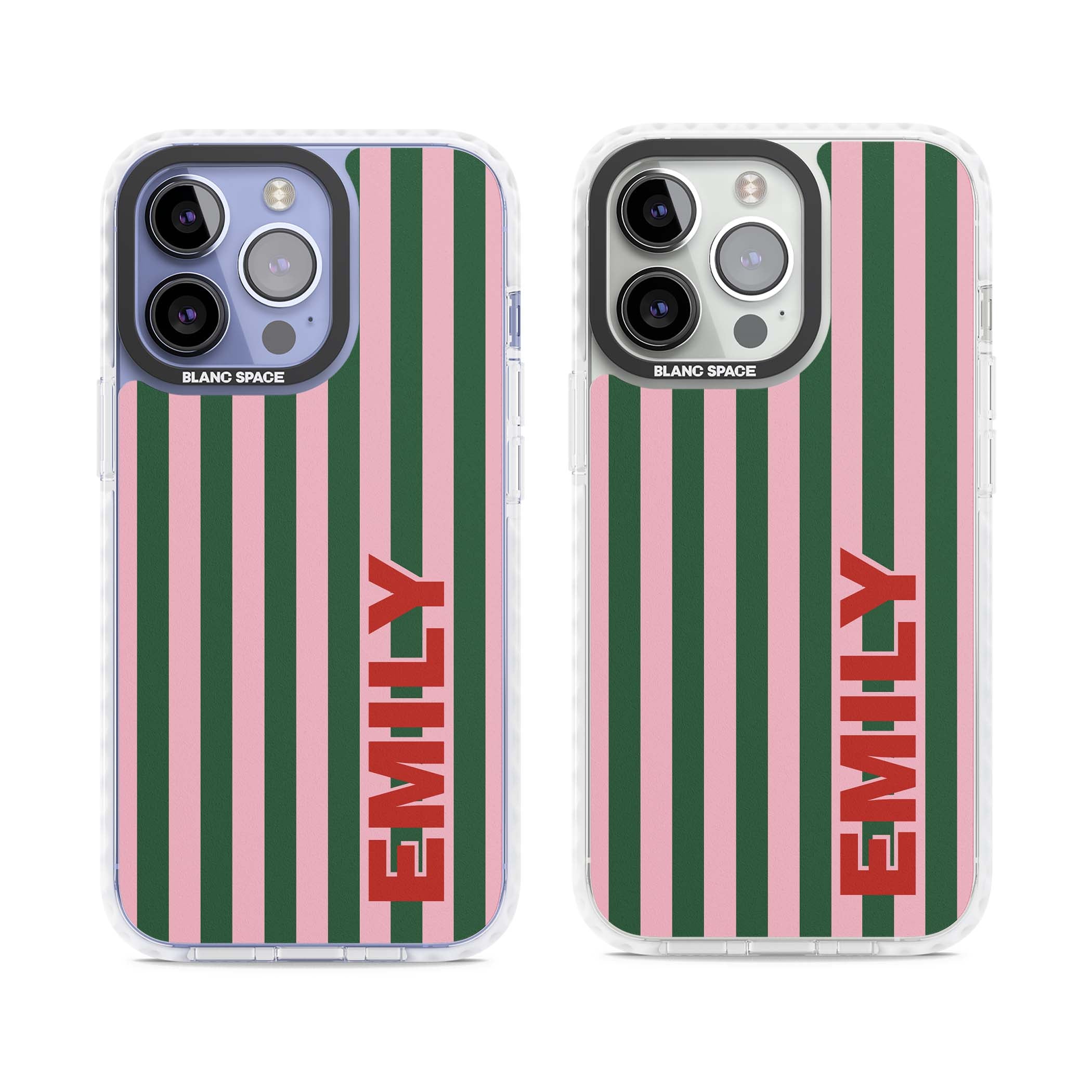 Italian Stripe preppy iPhone case featuring pink and green vertical stripes with personalised red name | Impact Magsafe case for iPhone 13 Pro, iPhone 14 Pro, iPhone 15 Pro
