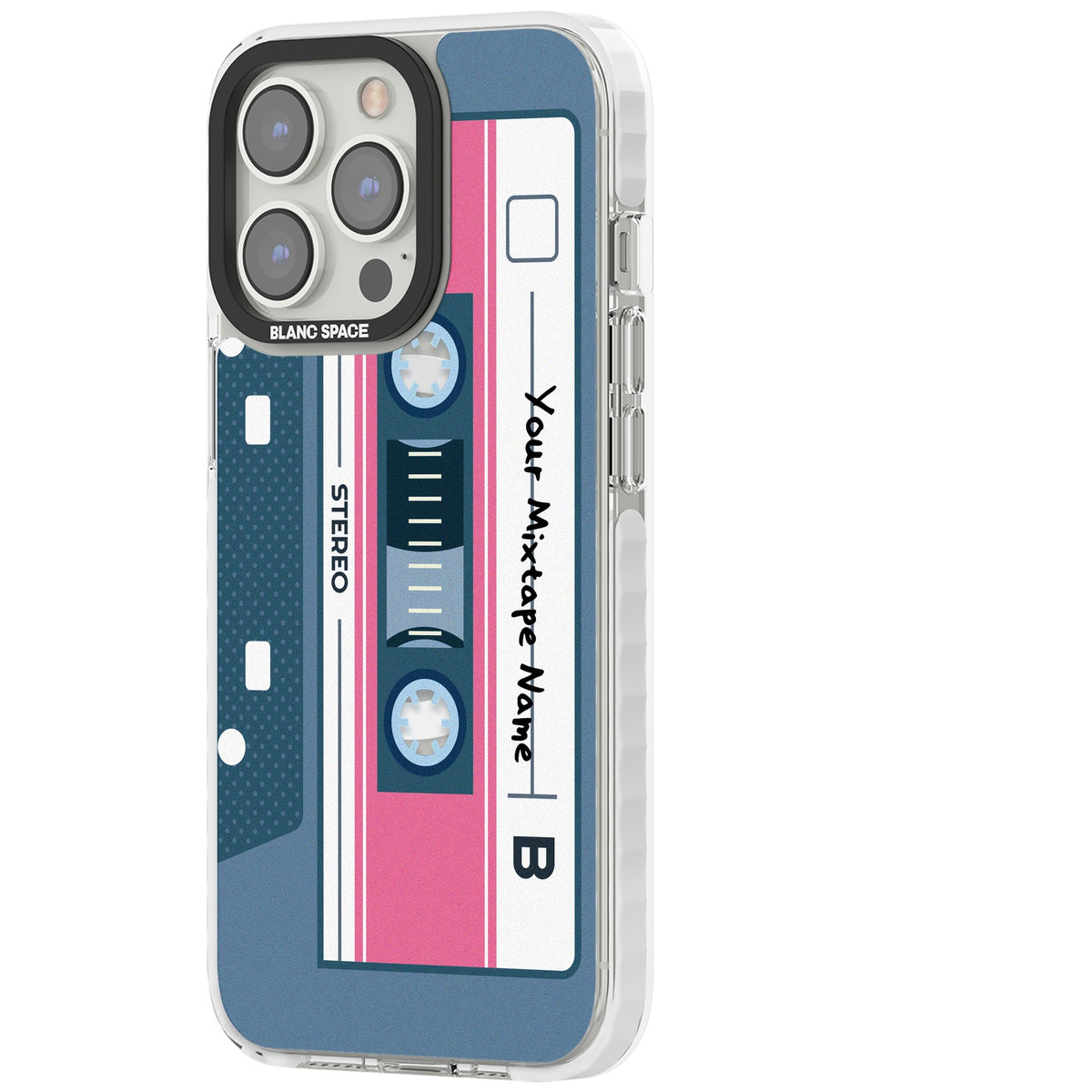 Personalised Retro Cassette Mixtape iPhone 13 Pro / iPhone 13 Pro Max / iPhone 14 Pro / iPhone 14 Pro Max / iPhone 15 Pro / iPhone 15 Pro Max Impact Pro Clear Phone Case side
