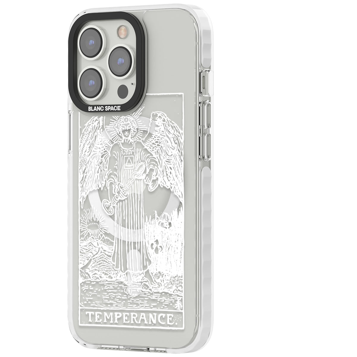 Personalised Temperance Tarot Card (White) iPhone 13 Pro / iPhone 13 Pro Max / iPhone 14 Pro / iPhone 14 Pro Max / iPhone 15 Pro / iPhone 15 Pro Max Impact Pro Clear Phone Case side