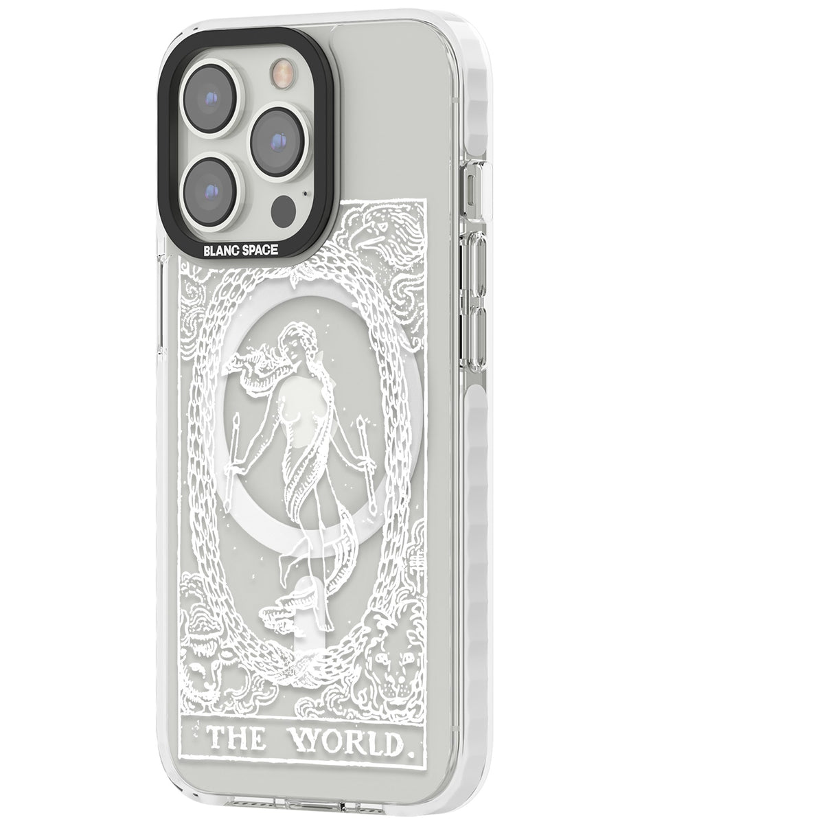 Personalised The World Tarot Card (White) iPhone 13 Pro / iPhone 13 Pro Max / iPhone 14 Pro / iPhone 14 Pro Max / iPhone 15 Pro / iPhone 15 Pro Max Impact Pro Clear Phone Case side