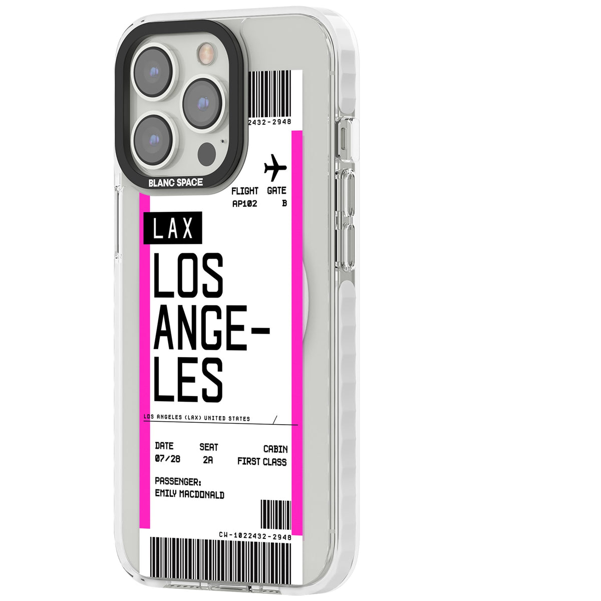 Personalised Los Angeles Boarding Pass iPhone 13 Pro / iPhone 13 Pro Max / iPhone 14 Pro / iPhone 14 Pro Max / iPhone 15 Pro / iPhone 15 Pro Max Impact Pro Clear Phone Case side