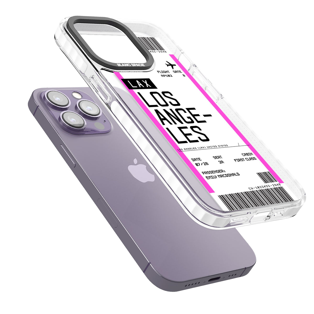 Personalised Los Angeles Boarding Pass iPhone 13 Pro / iPhone 13 Pro Max / iPhone 14 Pro / iPhone 14 Pro Max / iPhone 15 Pro / iPhone 15 Pro Max Impact Pro Clear Phone Case angled