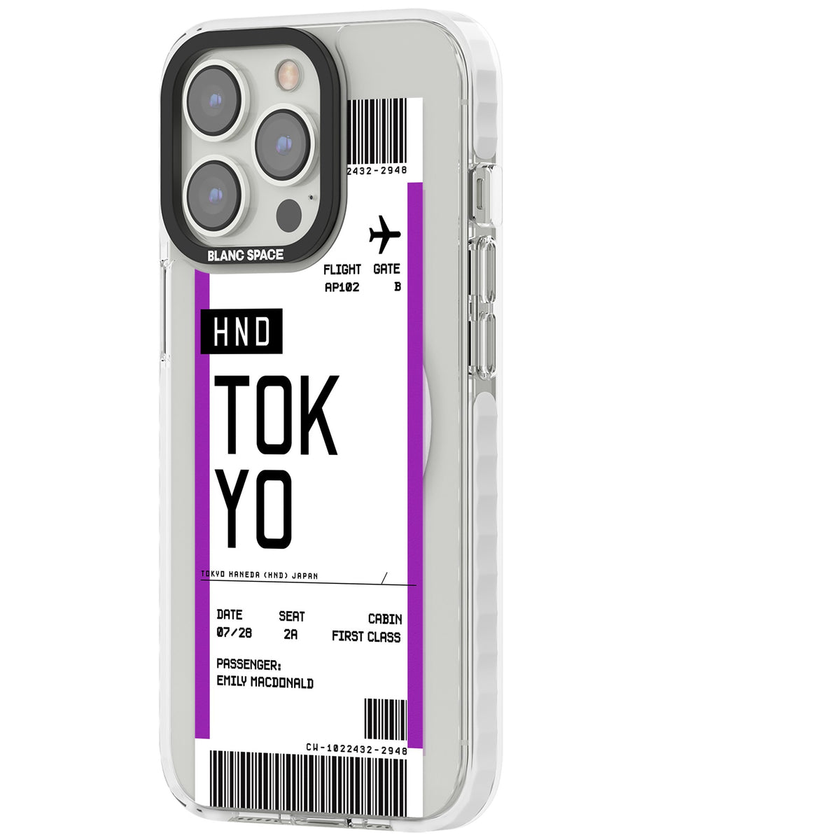 Personalised Tokyo Boarding Pass iPhone 13 Pro / iPhone 13 Pro Max / iPhone 14 Pro / iPhone 14 Pro Max / iPhone 15 Pro / iPhone 15 Pro Max Impact Pro Clear Phone Case side