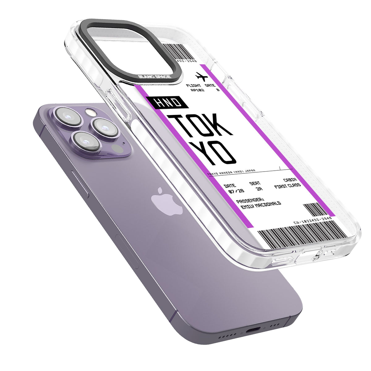 Personalised Tokyo Boarding Pass iPhone 13 Pro / iPhone 13 Pro Max / iPhone 14 Pro / iPhone 14 Pro Max / iPhone 15 Pro / iPhone 15 Pro Max Impact Pro Clear Phone Case angled