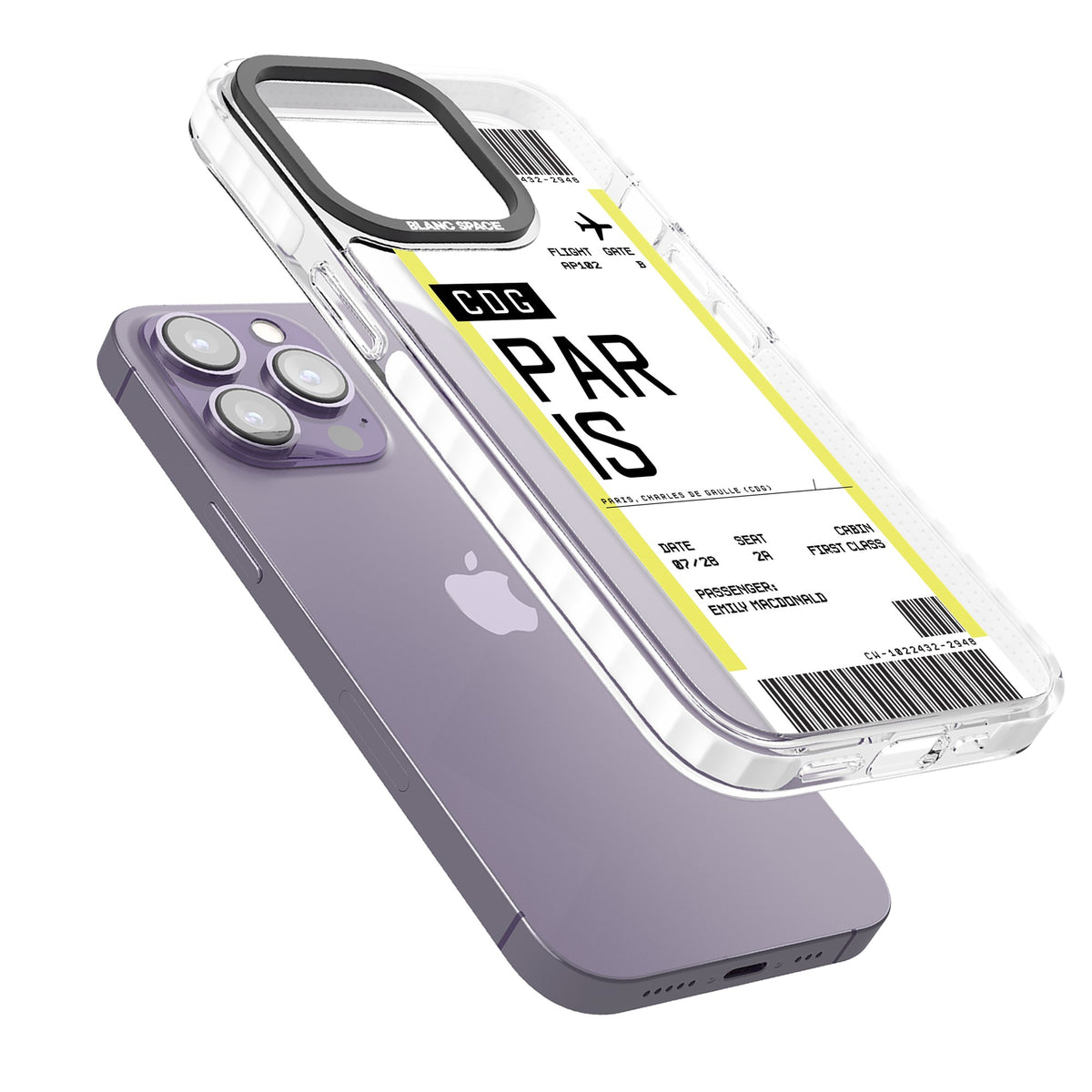 Personalised Paris Boarding Pass iPhone 13 Pro / iPhone 13 Pro Max / iPhone 14 Pro / iPhone 14 Pro Max / iPhone 15 Pro / iPhone 15 Pro Max Impact Pro Clear Phone Case angled