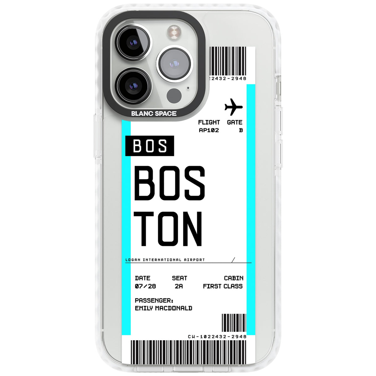 Personalised Boston Boarding Pass iPhone 13 Pro / iPhone 13 Pro Max / iPhone 14 Pro / iPhone 14 Pro Max / iPhone 15 Pro / iPhone 15 Pro Max Impact Pro Clear Phone Case front