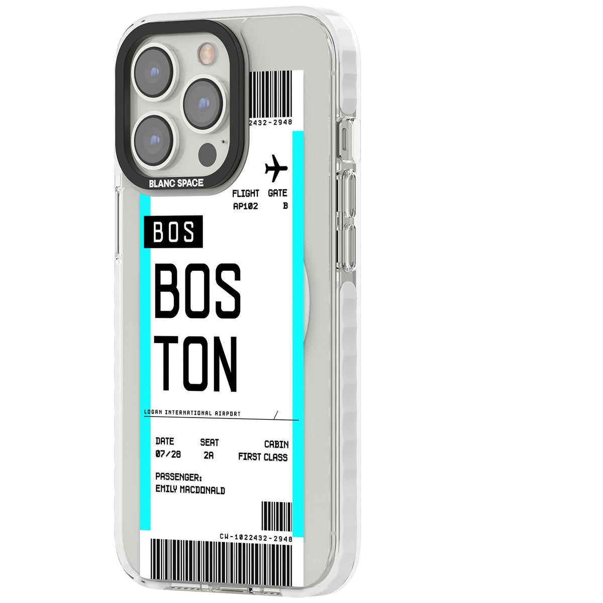 Personalised Boston Boarding Pass iPhone 13 Pro / iPhone 13 Pro Max / iPhone 14 Pro / iPhone 14 Pro Max / iPhone 15 Pro / iPhone 15 Pro Max Impact Pro Clear Phone Case side