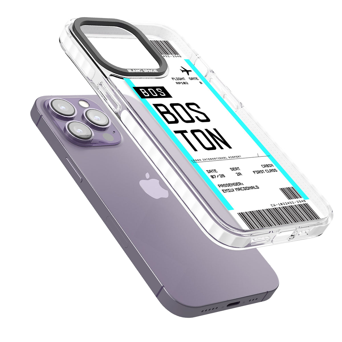 Personalised Boston Boarding Pass iPhone 13 Pro / iPhone 13 Pro Max / iPhone 14 Pro / iPhone 14 Pro Max / iPhone 15 Pro / iPhone 15 Pro Max Impact Pro Clear Phone Case angled