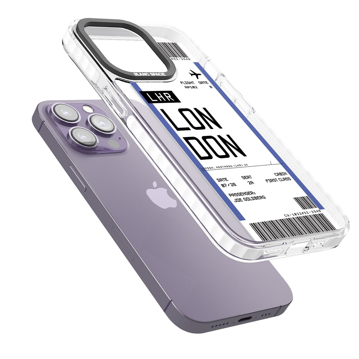 Personalised London Boarding Pass iPhone 13 Pro / iPhone 13 Pro Max / iPhone 14 Pro / iPhone 14 Pro Max / iPhone 15 Pro / iPhone 15 Pro Max Impact Pro Clear Phone Case angled