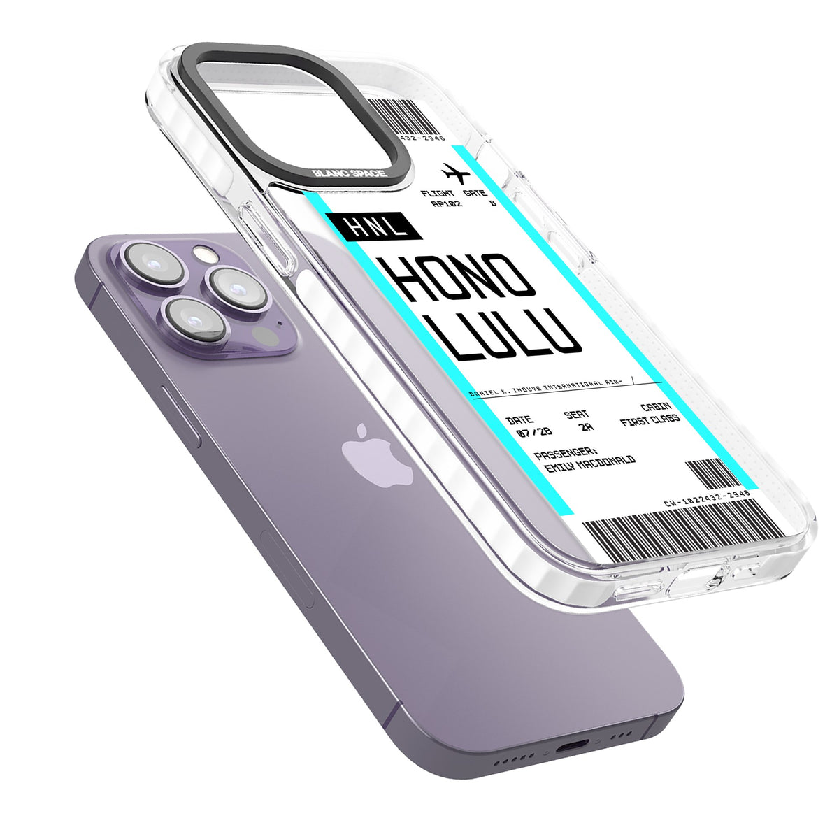 Personalised Honolulu Boarding Pass iPhone 13 Pro / iPhone 13 Pro Max / iPhone 14 Pro / iPhone 14 Pro Max / iPhone 15 Pro / iPhone 15 Pro Max Impact Pro Clear Phone Case angled
