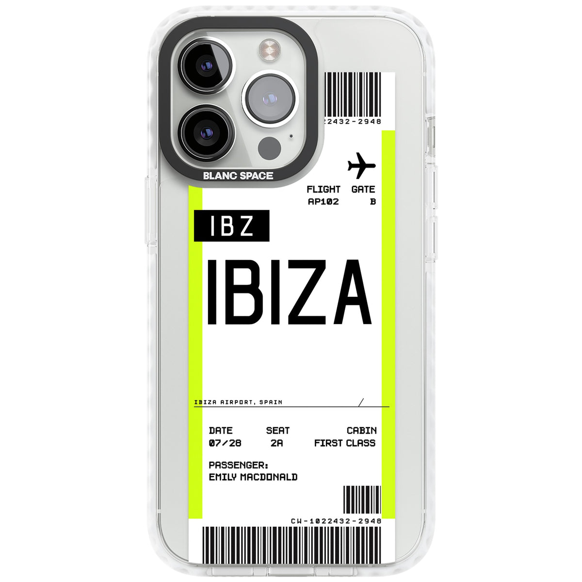 Personalised Ibiza Boarding Pass iPhone 13 Pro / iPhone 13 Pro Max / iPhone 14 Pro / iPhone 14 Pro Max / iPhone 15 Pro / iPhone 15 Pro Max Impact Pro Clear Phone Case front