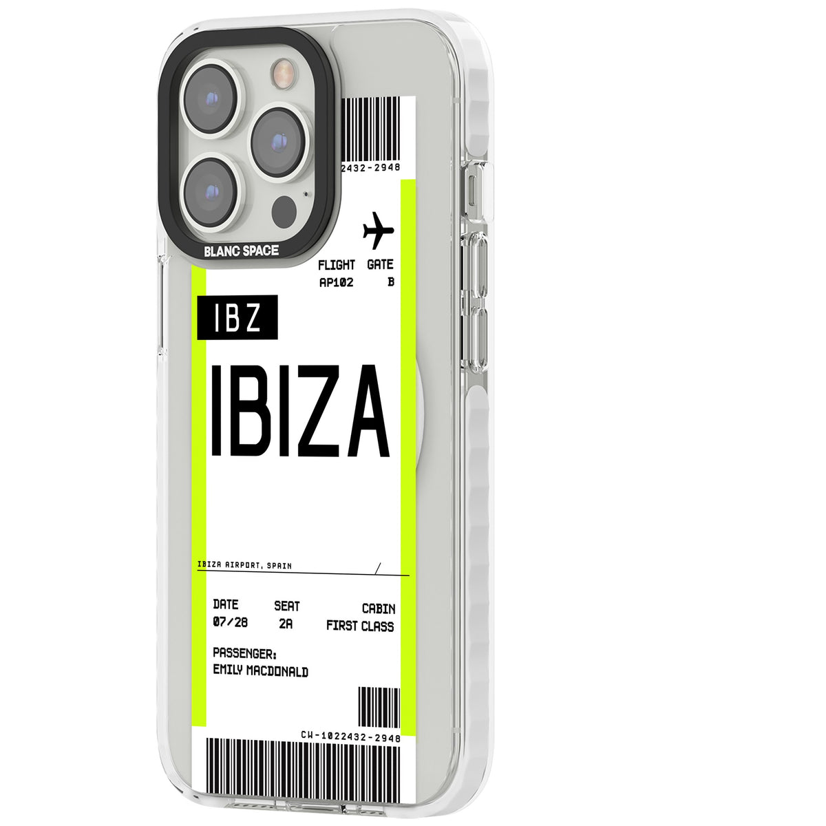 Personalised Ibiza Boarding Pass iPhone 13 Pro / iPhone 13 Pro Max / iPhone 14 Pro / iPhone 14 Pro Max / iPhone 15 Pro / iPhone 15 Pro Max Impact Pro Clear Phone Case side