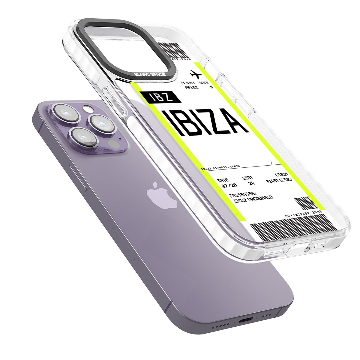 Personalised Ibiza Boarding Pass iPhone 13 Pro / iPhone 13 Pro Max / iPhone 14 Pro / iPhone 14 Pro Max / iPhone 15 Pro / iPhone 15 Pro Max Impact Pro Clear Phone Case angled