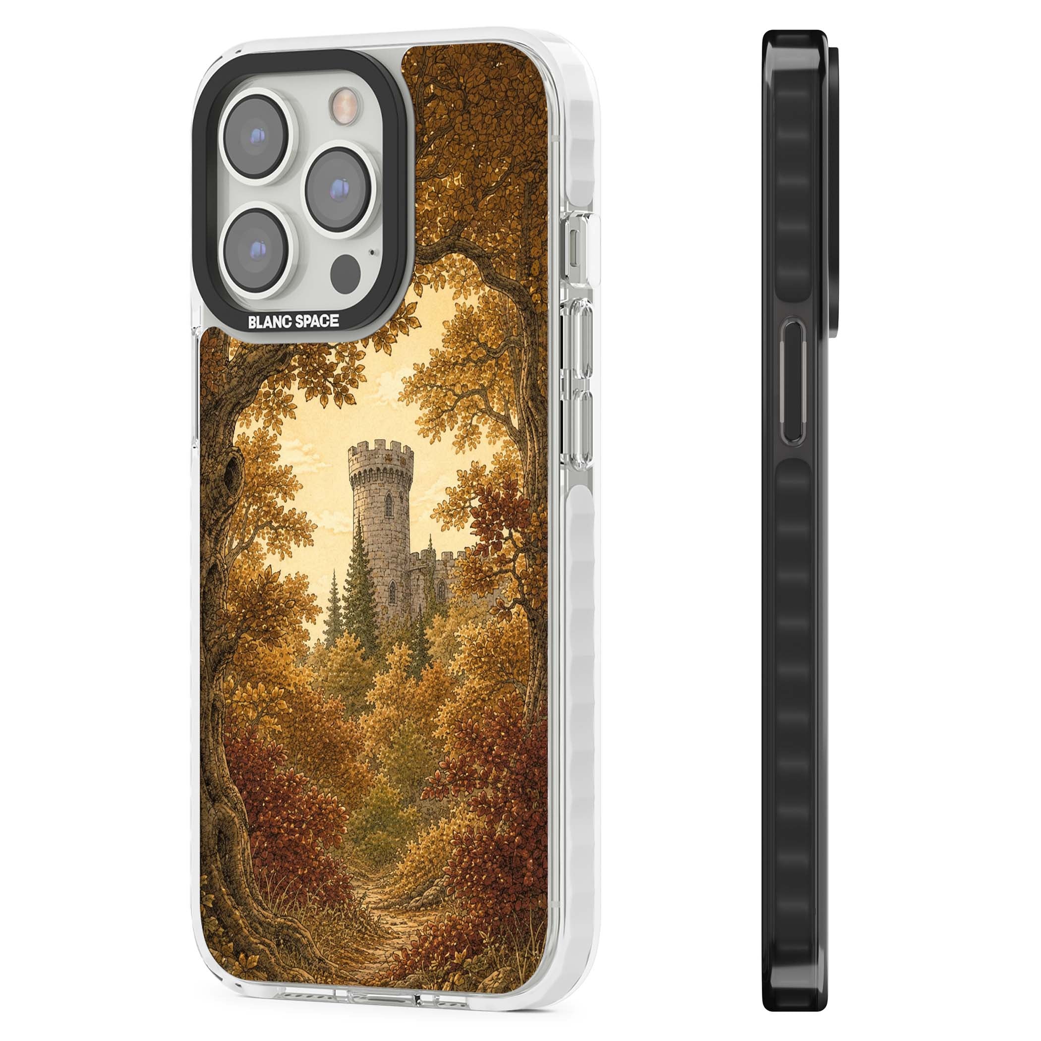 Autumn Keep cottagecore iPhone case featuring a medieval castle tower framed by golden autumn trees and woodland foliage | Impact Magsafe case for iPhone 13 Pro, iPhone 14 Pro, iPhone 15 Pro