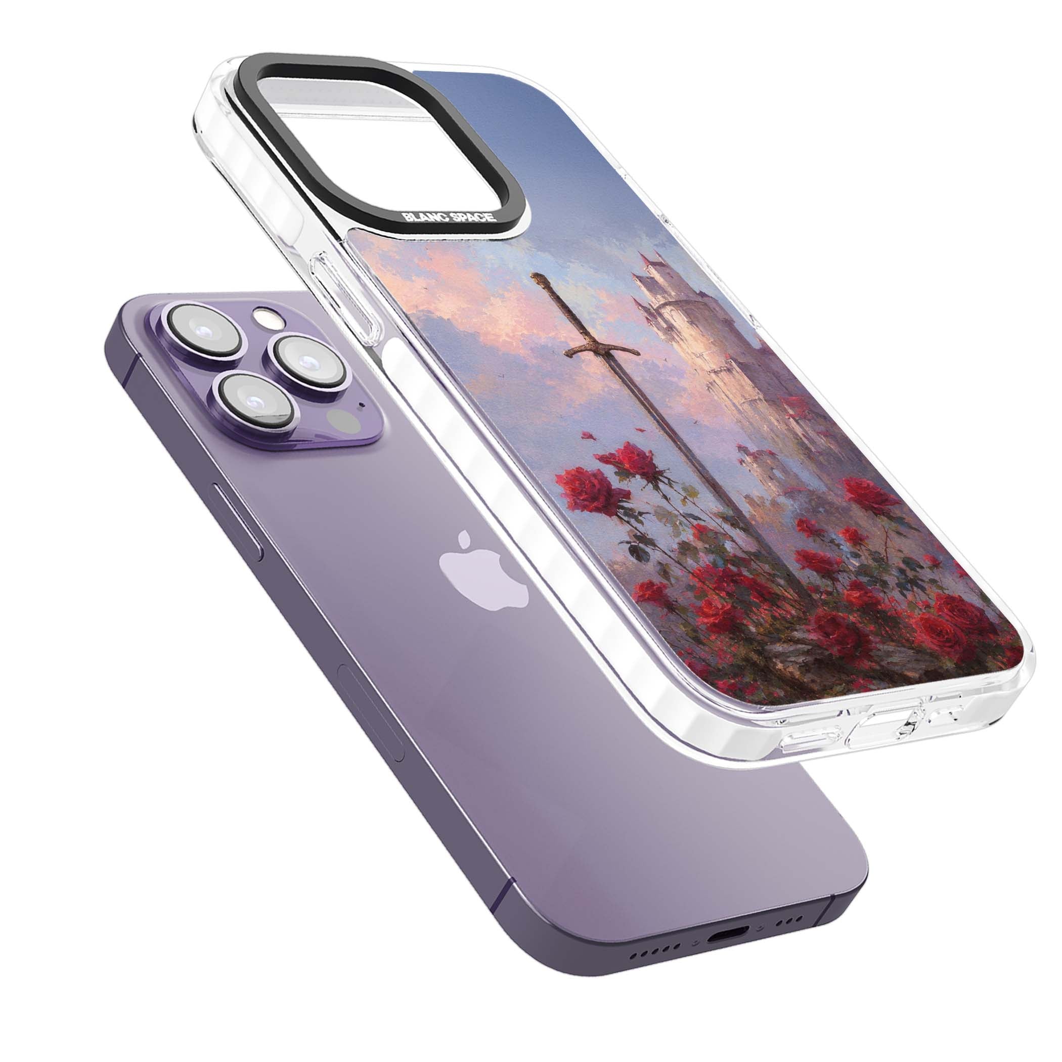 Sword in Roses medieval art iPhone case featuring a sword, red roses, and a misty fairytale castle at sunset | Impact Magsafe case for iPhone 13 Pro, iPhone 14 Pro, iPhone 15 Pro