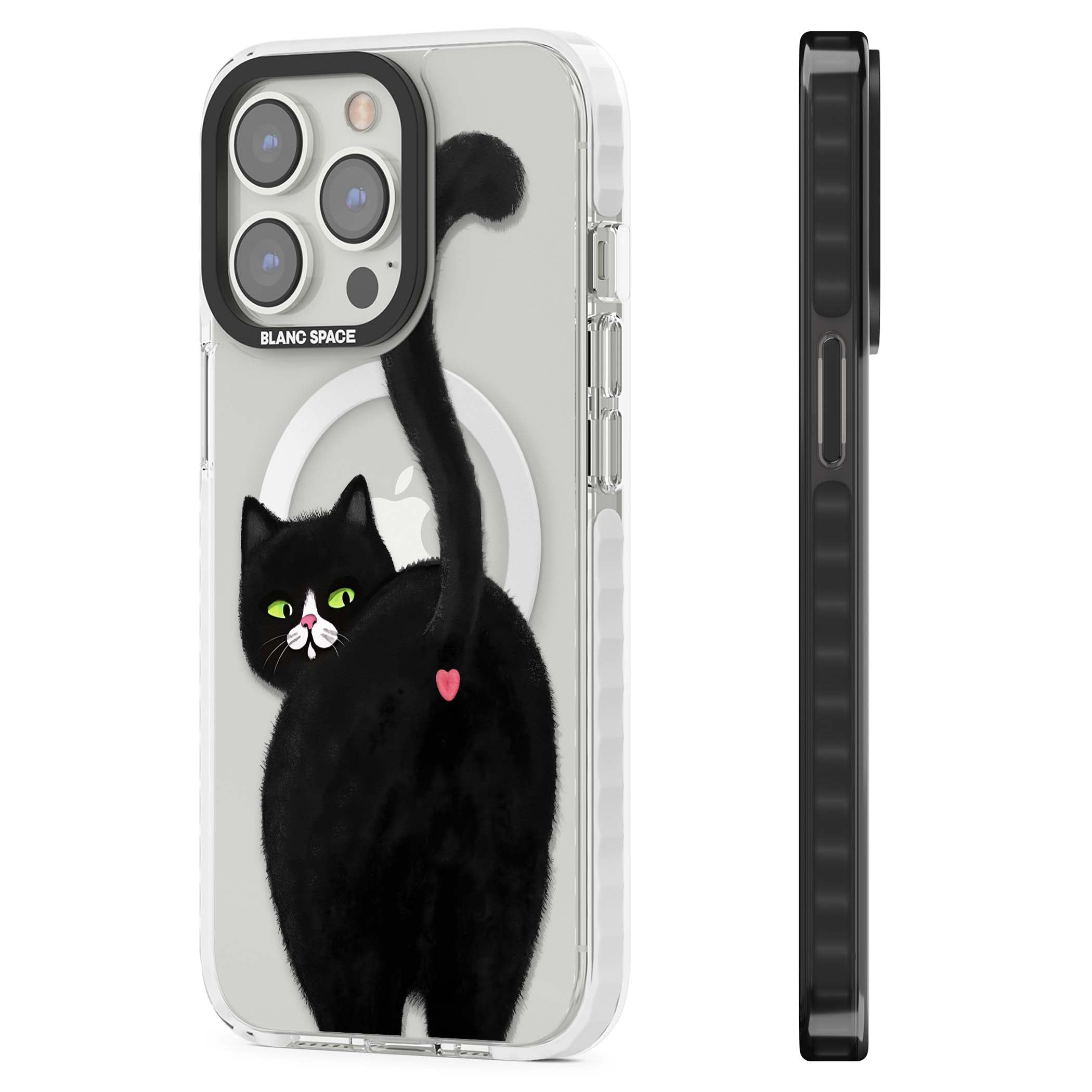 The Cat's Kiss cute cat iPhone case featuring a hand-painted tuxedo kitty with green eyes and a pink heart on a clear | Impact Magsafe case for iPhone 13 Pro, iPhone 14 Pro, iPhone 15 Pro