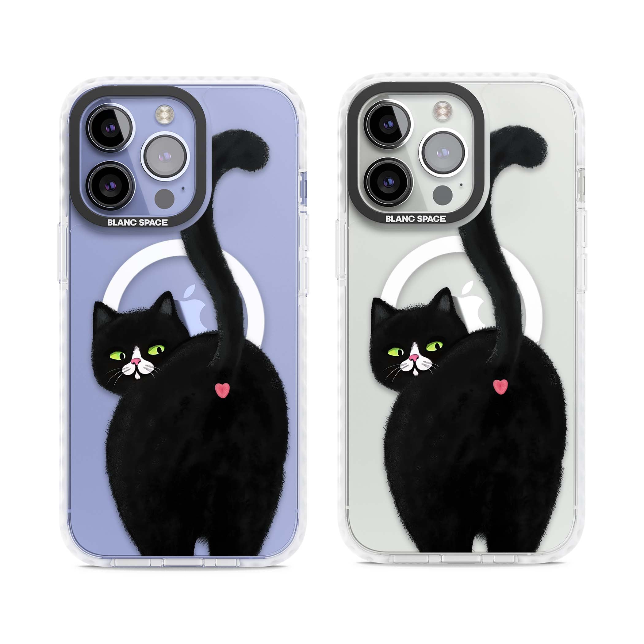 The Cat's Kiss cute cat iPhone case featuring a hand-painted tuxedo kitty with green eyes and a pink heart on a clear | Impact Magsafe case for iPhone 13 Pro, iPhone 14 Pro, iPhone 15 Pro