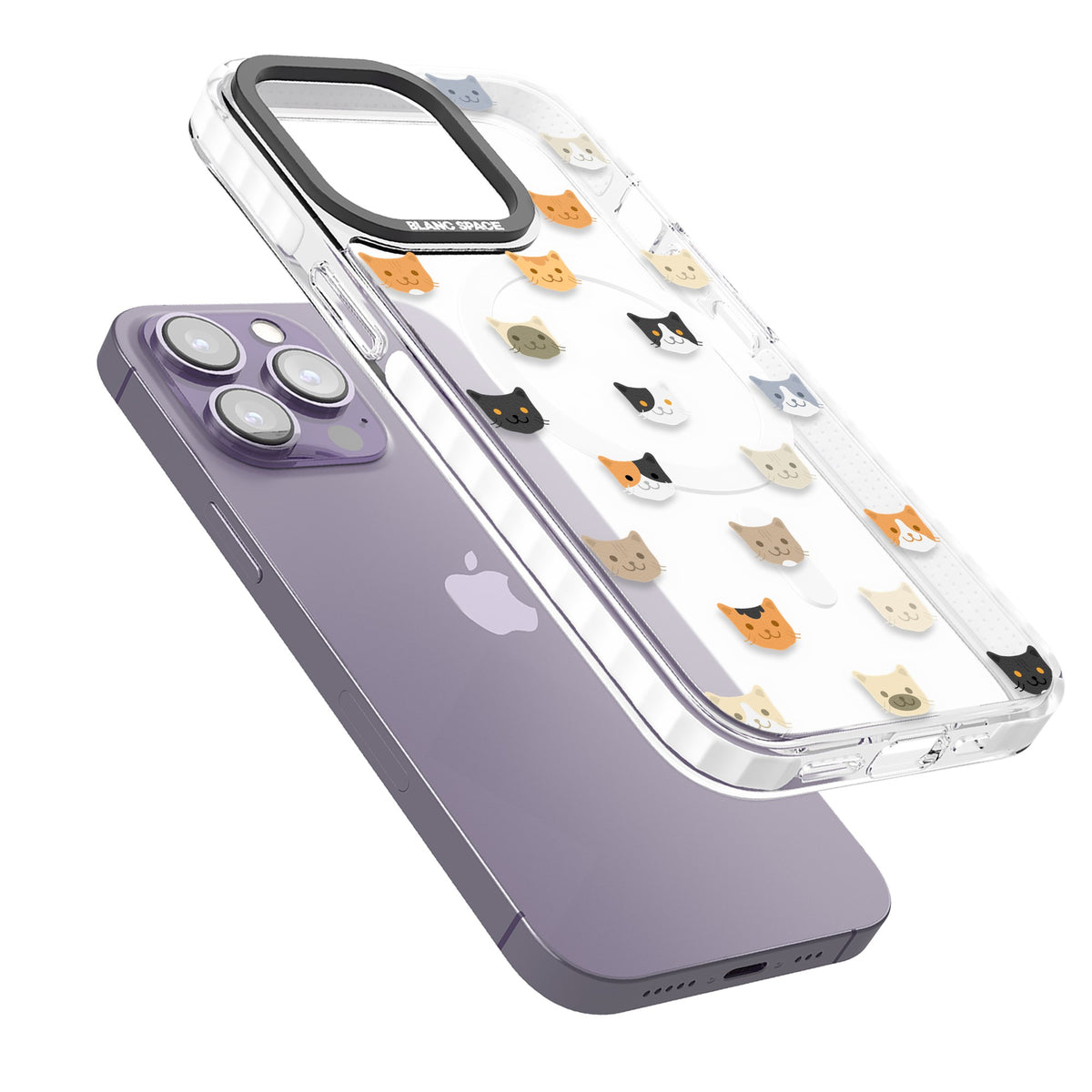 Cute Cat Face Transparent iPhone 13 Pro / iPhone 13 Pro Max / iPhone 14 Pro / iPhone 14 Pro Max / iPhone 15 Pro / iPhone 15 Pro Max Impact Pro Clear Phone Case angled