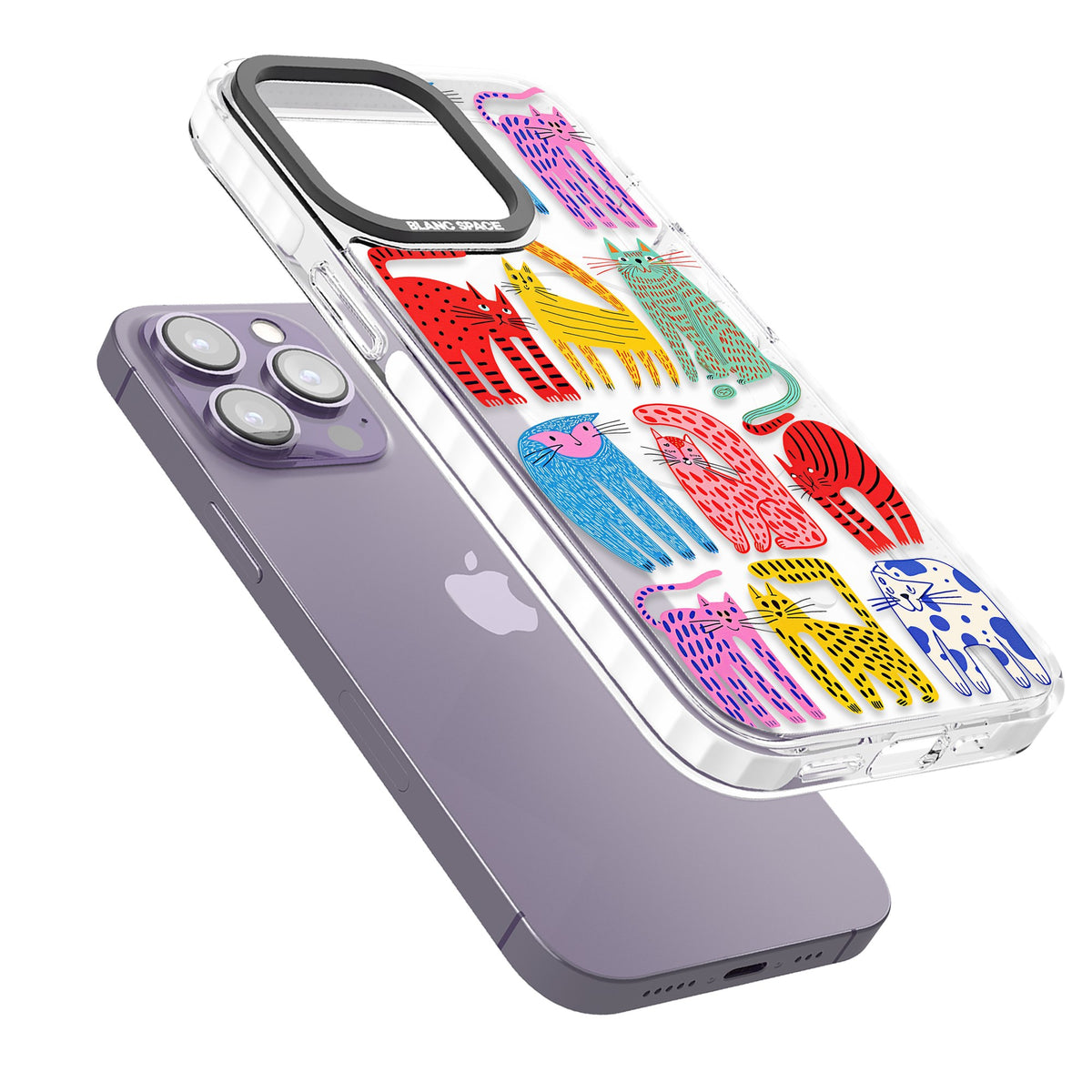 Abstract Cats iPhone 13 Pro / iPhone 13 Pro Max / iPhone 14 Pro / iPhone 14 Pro Max / iPhone 15 Pro / iPhone 15 Pro Max Impact Pro Clear Phone Case angled
