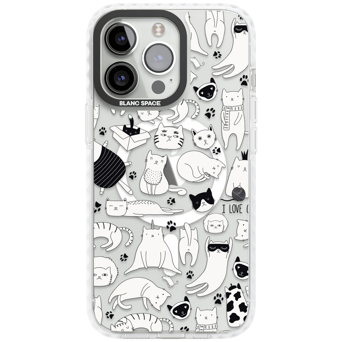 Cartoon Cats (Black & White) iPhone 13 Pro / iPhone 13 Pro Max / iPhone 14 Pro / iPhone 14 Pro Max / iPhone 15 Pro / iPhone 15 Pro Max Impact Pro Clear Phone Case front