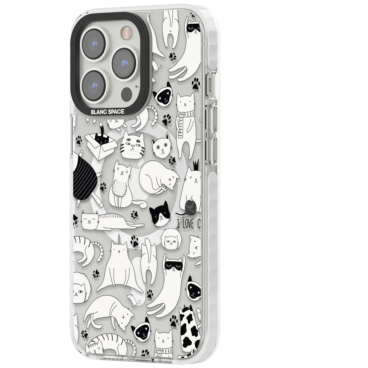 Cartoon Cats (Black & White) iPhone 13 Pro / iPhone 13 Pro Max / iPhone 14 Pro / iPhone 14 Pro Max / iPhone 15 Pro / iPhone 15 Pro Max Impact Pro Clear Phone Case side