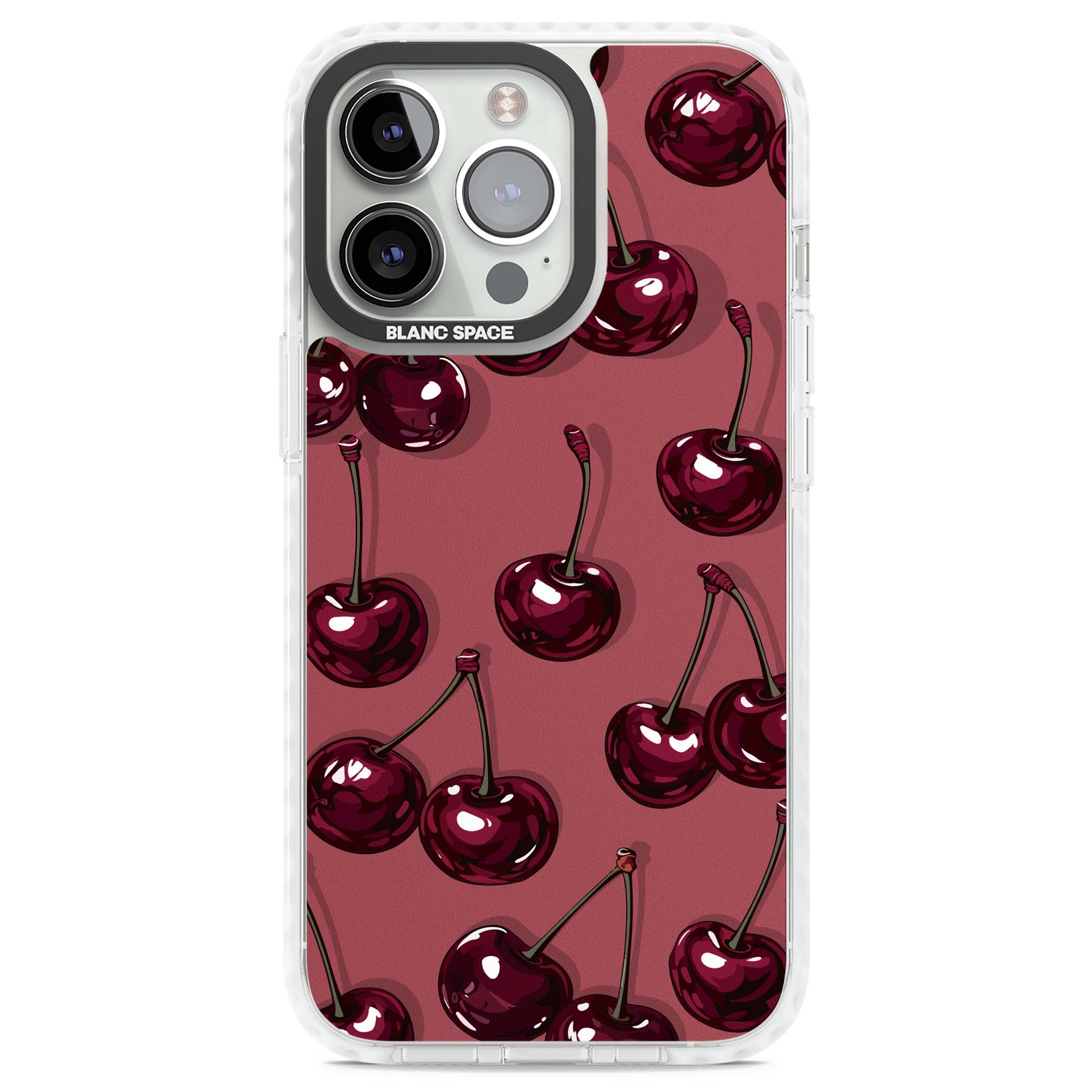 Cherry Rebel coquette iPhone case featuring glossy burgundy cherries on a dusty rose background | Impact Magsafe case for iPhone 13 Pro, iPhone 14 Pro, iPhone 15 Pro