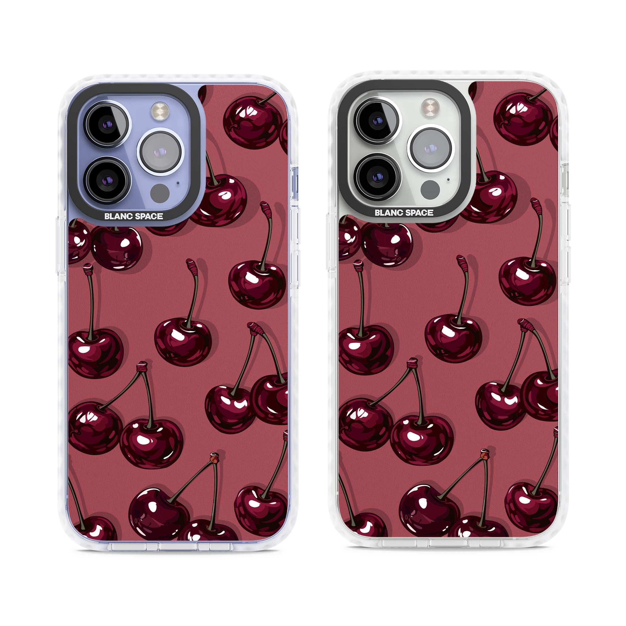 Cherry Rebel coquette iPhone case featuring glossy burgundy cherries on a dusty rose background | Impact Magsafe case for iPhone 13 Pro, iPhone 14 Pro, iPhone 15 Pro