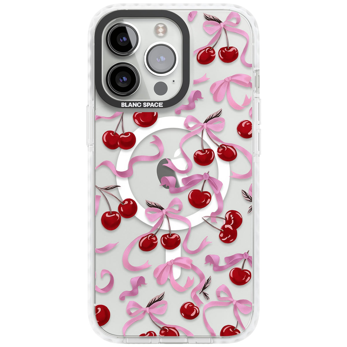 Pink Bow & Cherries iPhone 13 Pro / iPhone 13 Pro Max / iPhone 14 Pro / iPhone 14 Pro Max / iPhone 15 Pro / iPhone 15 Pro Max Impact Pro Clear Phone Case front
