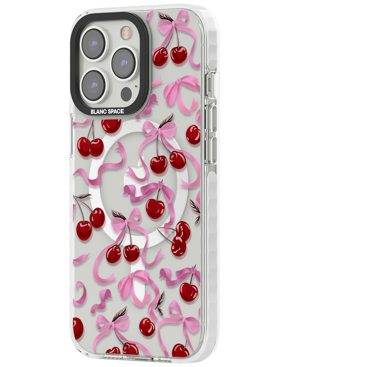 Pink Bow & Cherries iPhone 13 Pro / iPhone 13 Pro Max / iPhone 14 Pro / iPhone 14 Pro Max / iPhone 15 Pro / iPhone 15 Pro Max Impact Pro Clear Phone Case side