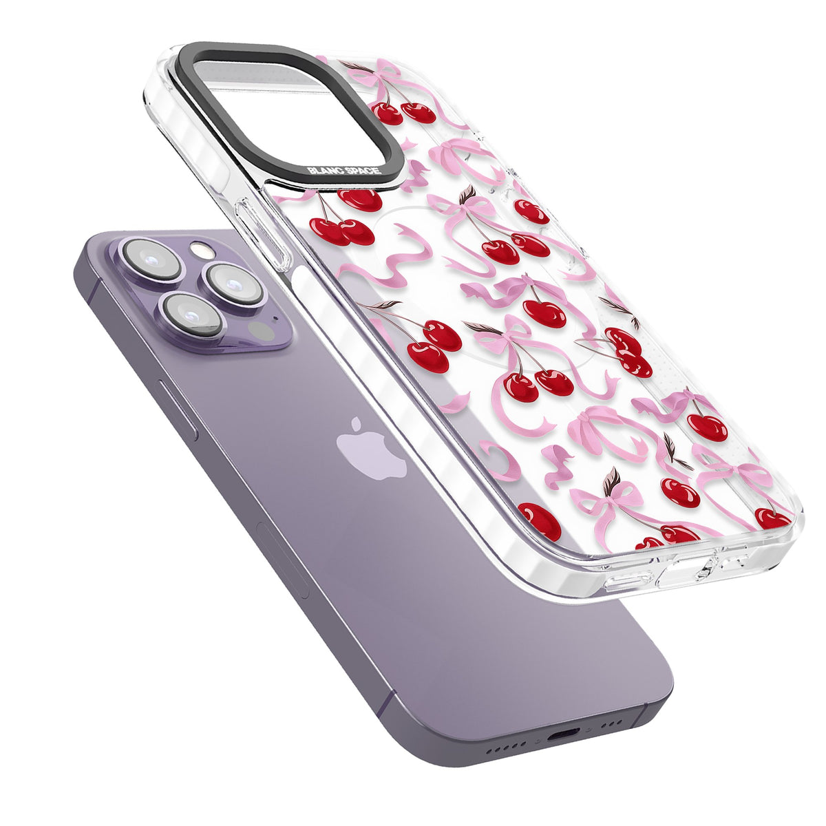 Pink Bow & Cherries iPhone 13 Pro / iPhone 13 Pro Max / iPhone 14 Pro / iPhone 14 Pro Max / iPhone 15 Pro / iPhone 15 Pro Max Impact Pro Clear Phone Case angled