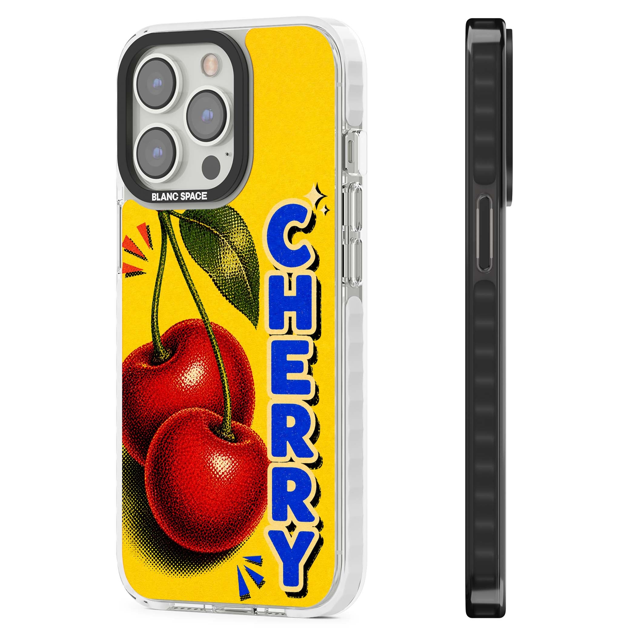 Cherry Yellow y2k iPhone case featuring two red cherries, halftone shading and bold blue CHERRY lettering on yellow | Impact Magsafe case for iPhone 13 Pro, iPhone 14 Pro, iPhone 15 Pro