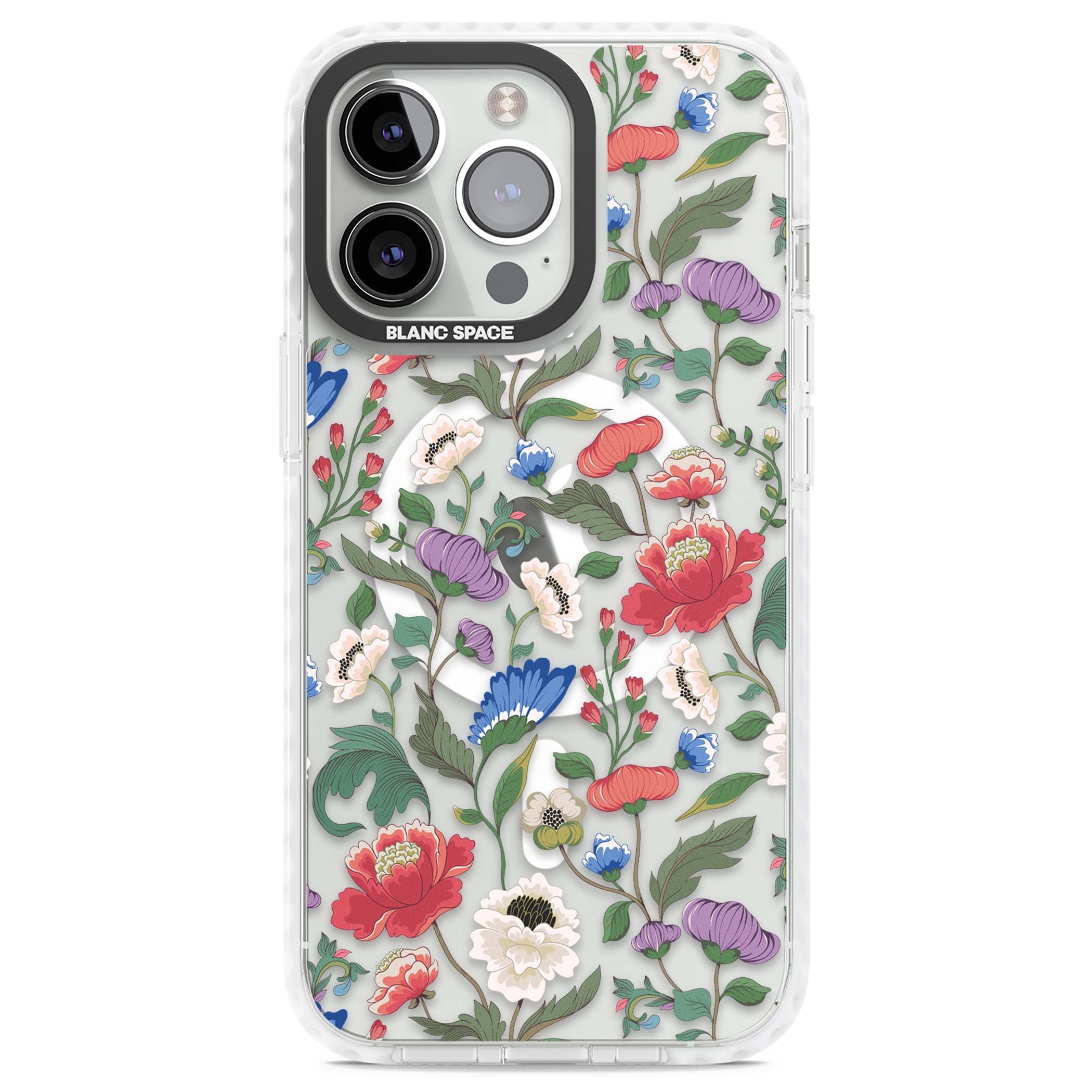 Chinoiserie Bloom vintage floral iPhone case featuring hand-painted peonies, poppies and trailing wildflowers on clear... | Impact Magsafe case for iPhone 13 Pro, iPhone 14 Pro, iPhone 15 Pro