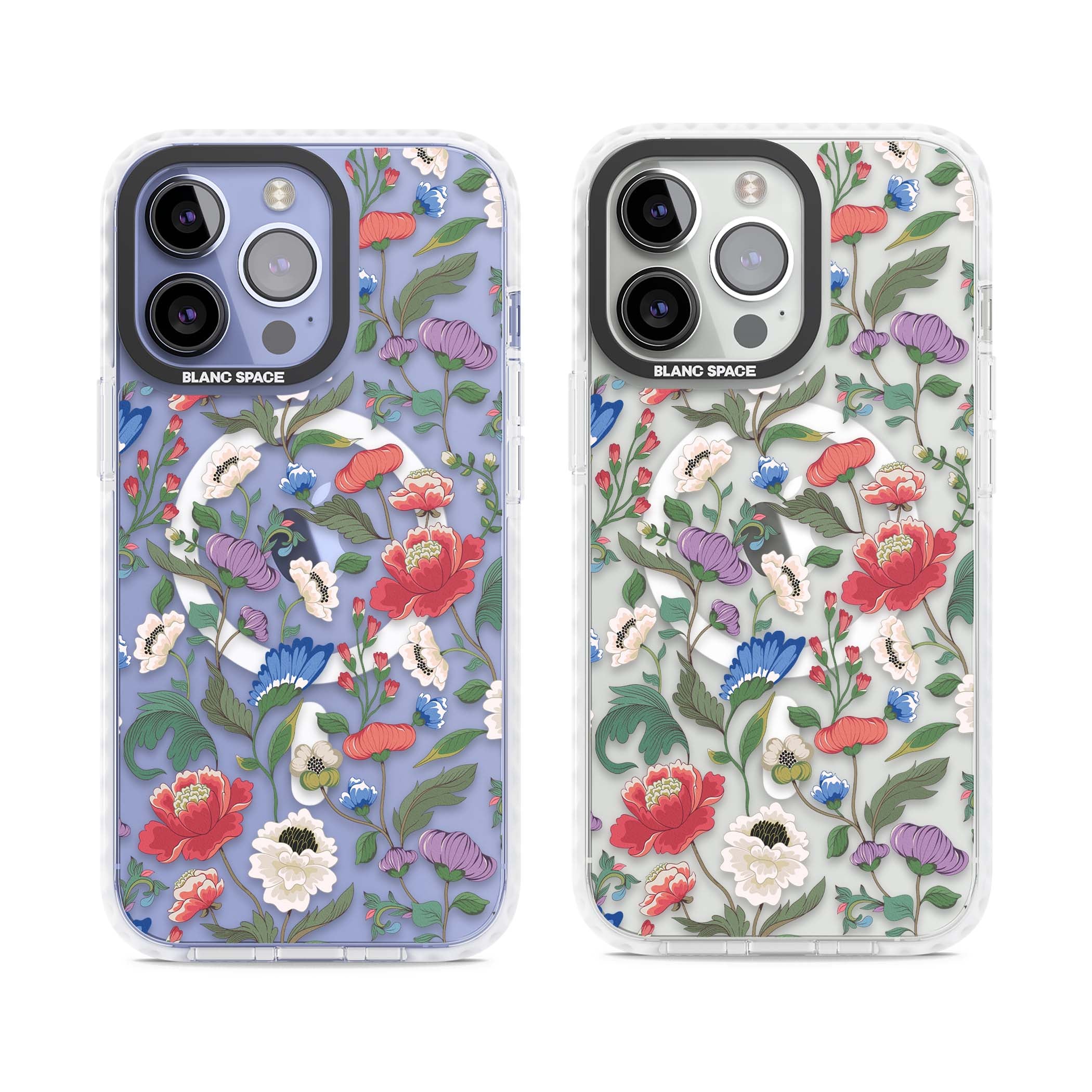 Chinoiserie Bloom vintage floral iPhone case featuring hand-painted peonies, poppies and trailing wildflowers on clear... | Impact Magsafe case for iPhone 13 Pro, iPhone 14 Pro, iPhone 15 Pro