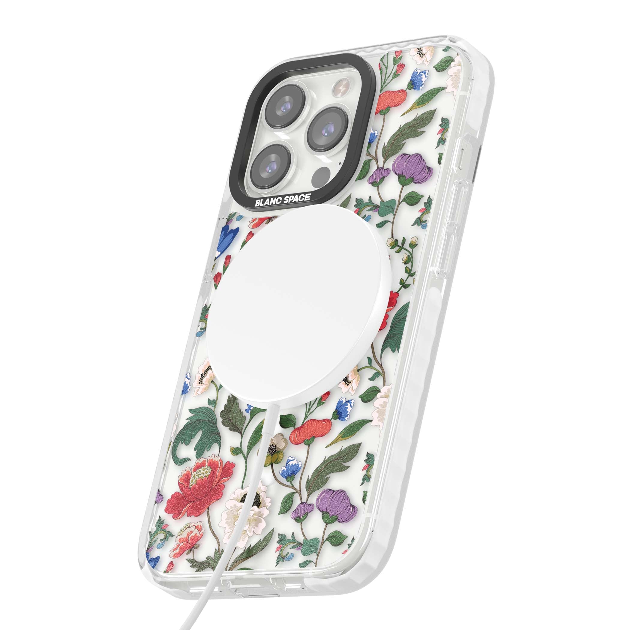 Chinoiserie Bloom vintage floral iPhone case featuring hand-painted peonies, poppies and trailing wildflowers on clear... | Impact Magsafe case for iPhone 13 Pro, iPhone 14 Pro, iPhone 15 Pro
