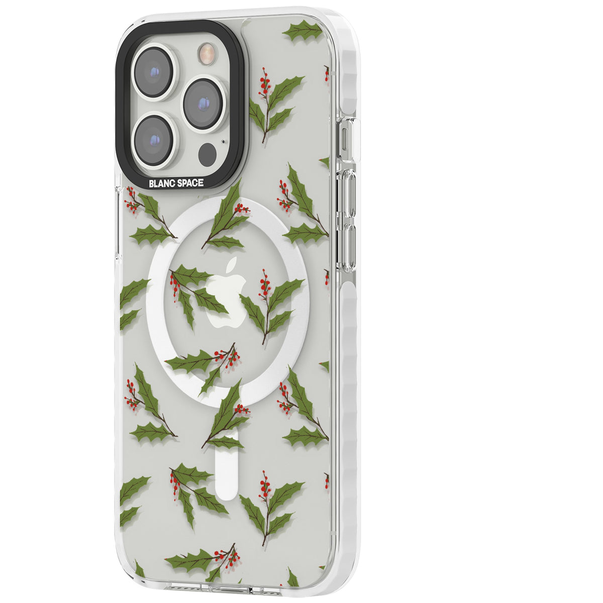 Christmas Holly Pattern iPhone 13 Pro / iPhone 13 Pro Max / iPhone 14 Pro / iPhone 14 Pro Max / iPhone 15 Pro / iPhone 15 Pro Max Impact Pro Clear Phone Case side