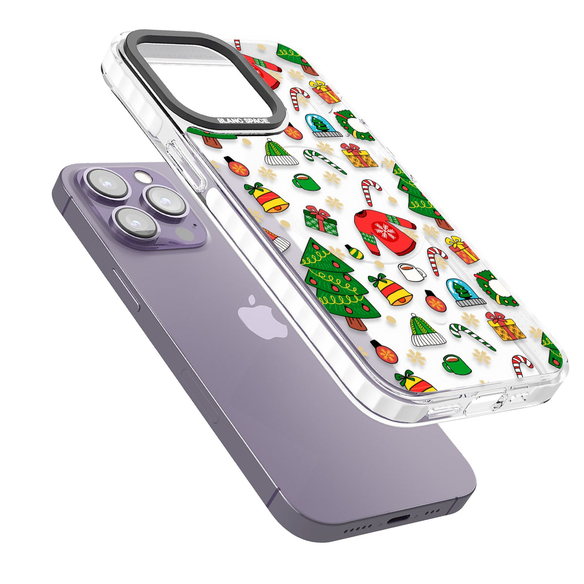 Holiday Medley iPhone 13 Pro / iPhone 13 Pro Max / iPhone 14 Pro / iPhone 14 Pro Max / iPhone 15 Pro / iPhone 15 Pro Max Impact Pro Clear Phone Case angled