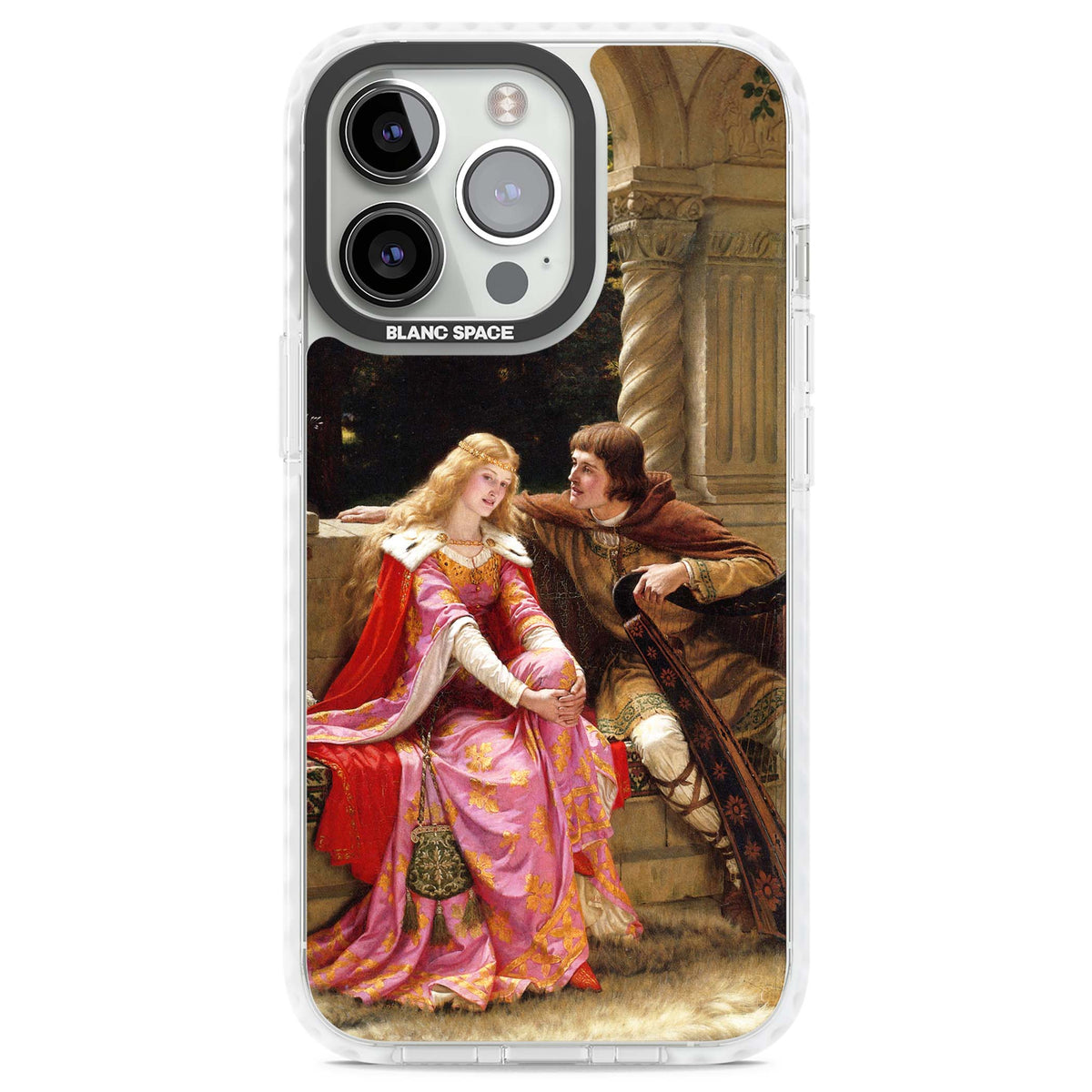 The End of the Song classic art iPhone case featuring a medieval lady in pink gown and her knight in a stone archway | Impact Magsafe case for iPhone 13 Pro, iPhone 14 Pro, iPhone 15 Pro