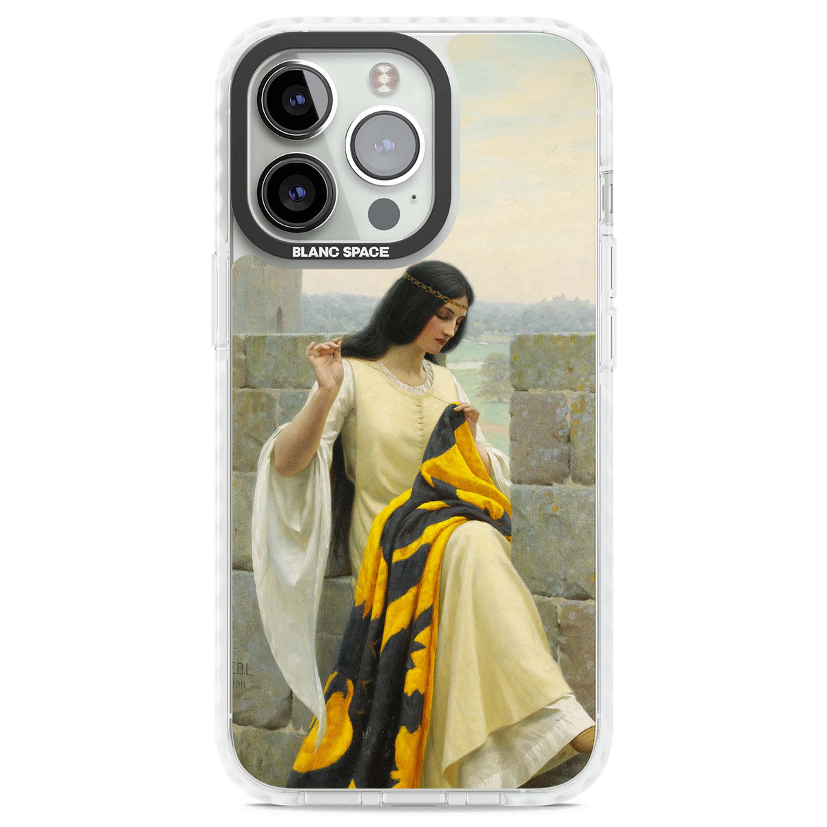Stitching the Standard renaissance art iPhone case featuring a medieval lady sewing a golden banner on a castle wall | Impact Magsafe case for iPhone 13 Pro, iPhone 14 Pro, iPhone 15 Pro