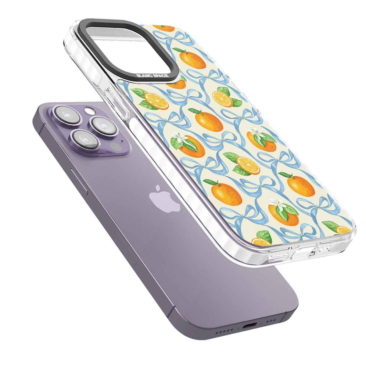 Bows & Clementines iPhone 13 Pro / iPhone 13 Pro Max / iPhone 14 Pro / iPhone 14 Pro Max / iPhone 15 Pro / iPhone 15 Pro Max Impact Pro Clear Phone Case angled