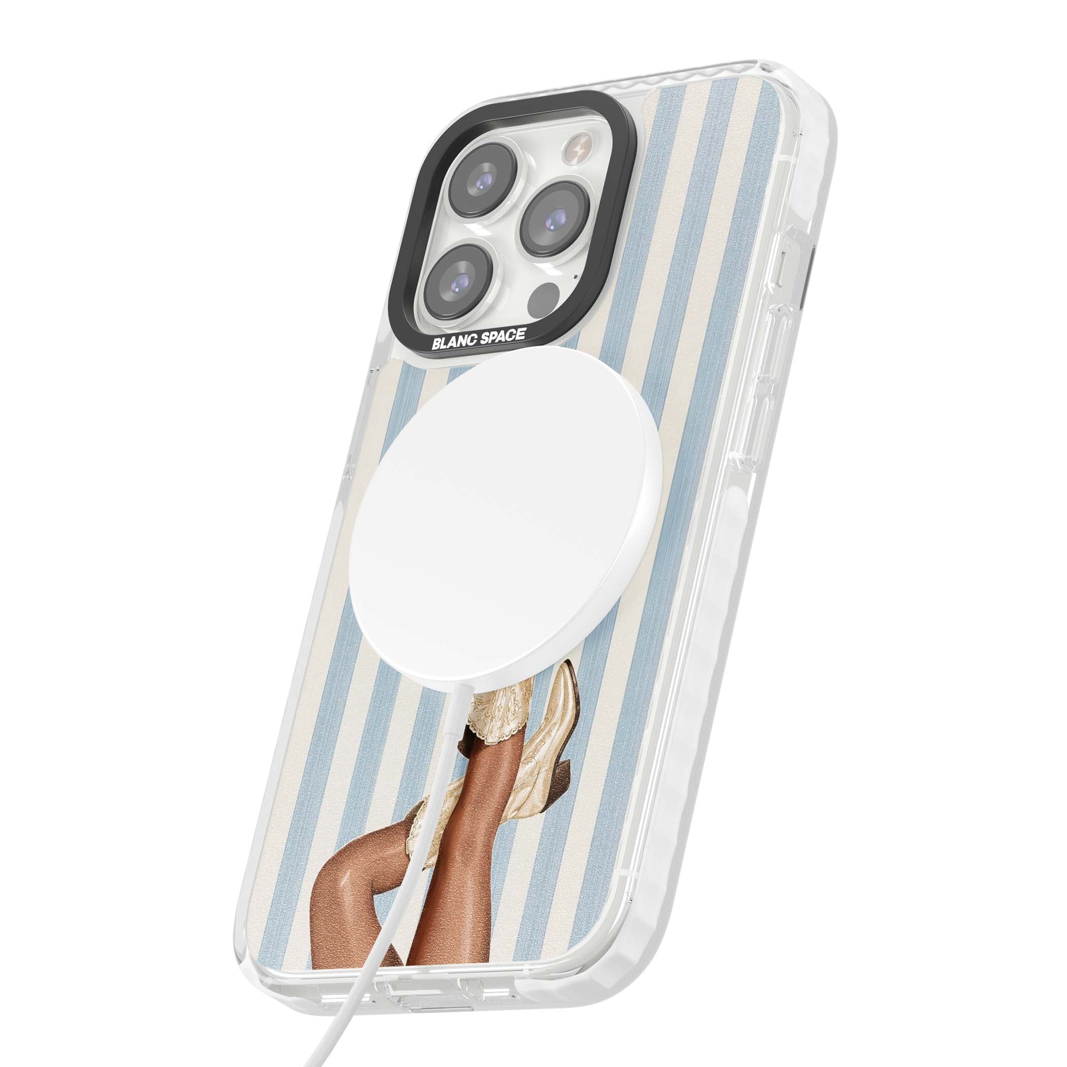 Cowgirl Boots coastal cowgirl iPhone case featuring embroidered western boots, tanned legs and a blue stripe backdrop | Impact Magsafe case for iPhone 13 Pro, iPhone 14 Pro, iPhone 15 Pro
