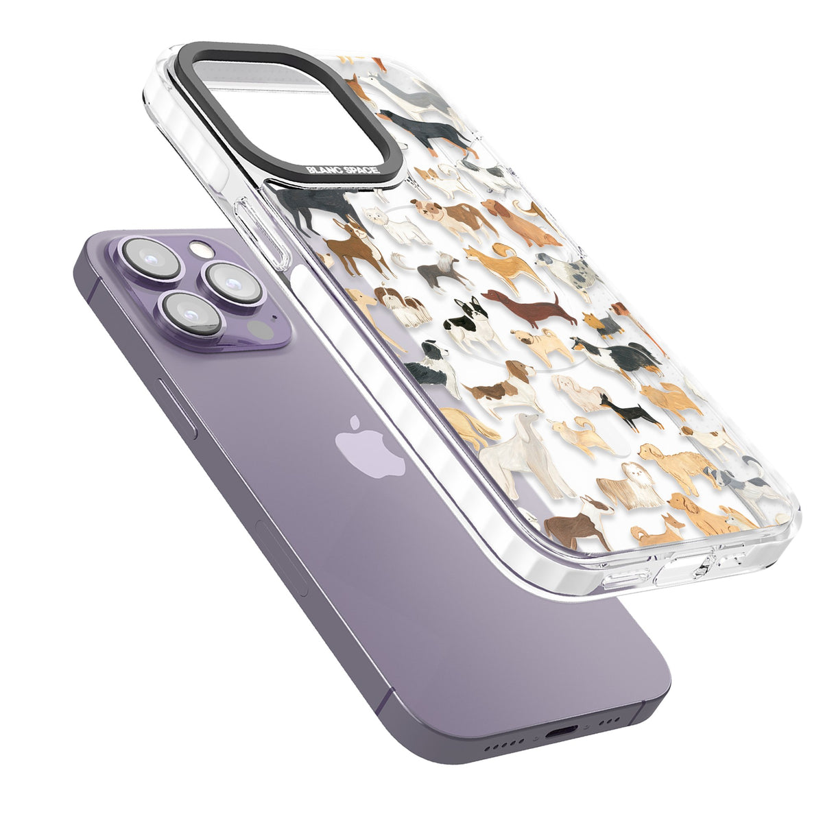 Hand Painted Dogs iPhone 13 Pro / iPhone 13 Pro Max / iPhone 14 Pro / iPhone 14 Pro Max / iPhone 15 Pro / iPhone 15 Pro Max Impact Pro Clear Phone Case angled