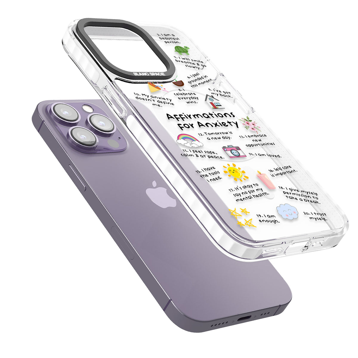 Anxiety Reminders (Black) iPhone 13 Pro / iPhone 13 Pro Max / iPhone 14 Pro / iPhone 14 Pro Max / iPhone 15 Pro / iPhone 15 Pro Max Impact Pro Clear Phone Case angled