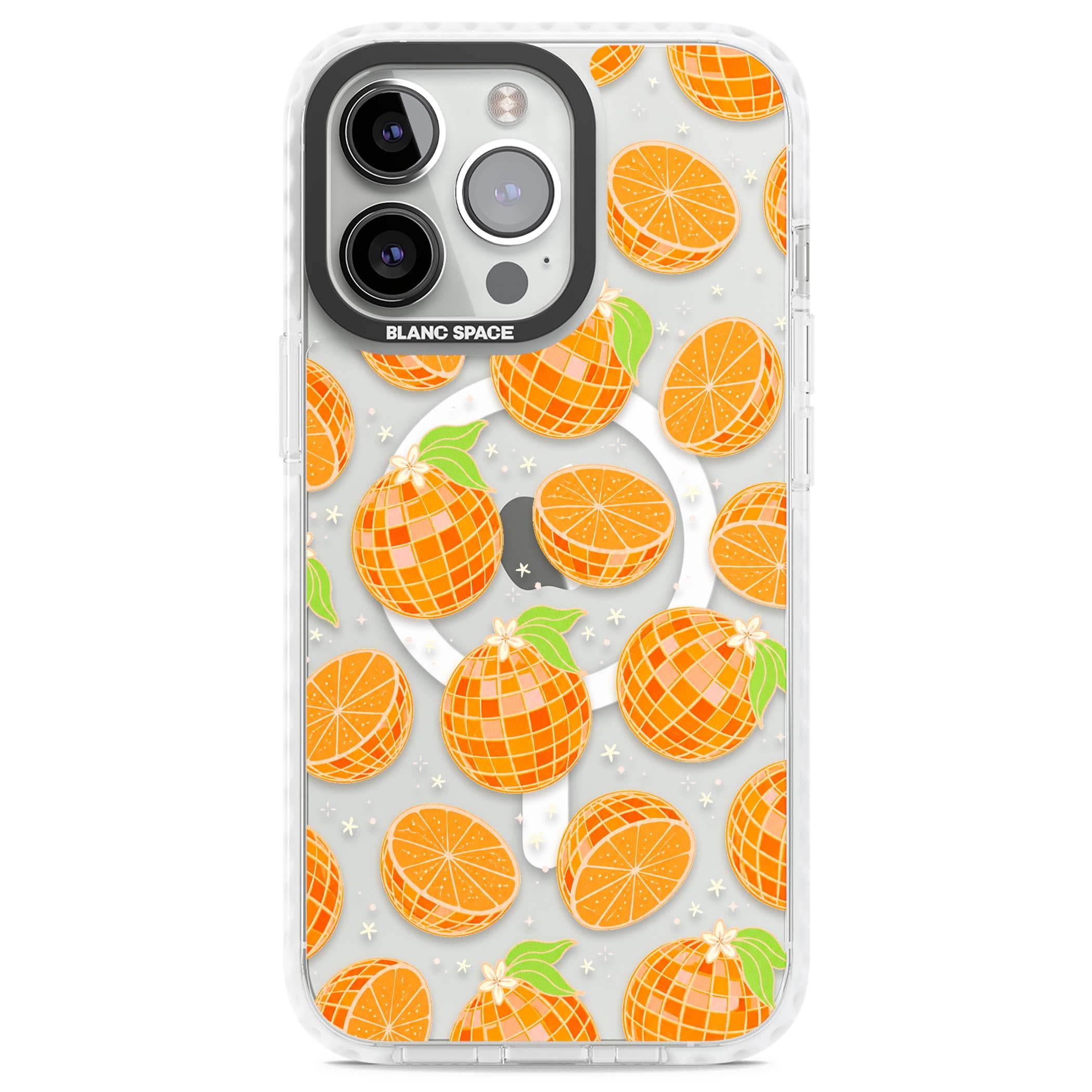 Disco Oranges retro iPhone case featuring mirrorball oranges, citrus slices and tiny blossoms on clear | Impact Magsafe case for iPhone 13 Pro, iPhone 14 Pro, iPhone 15 Pro