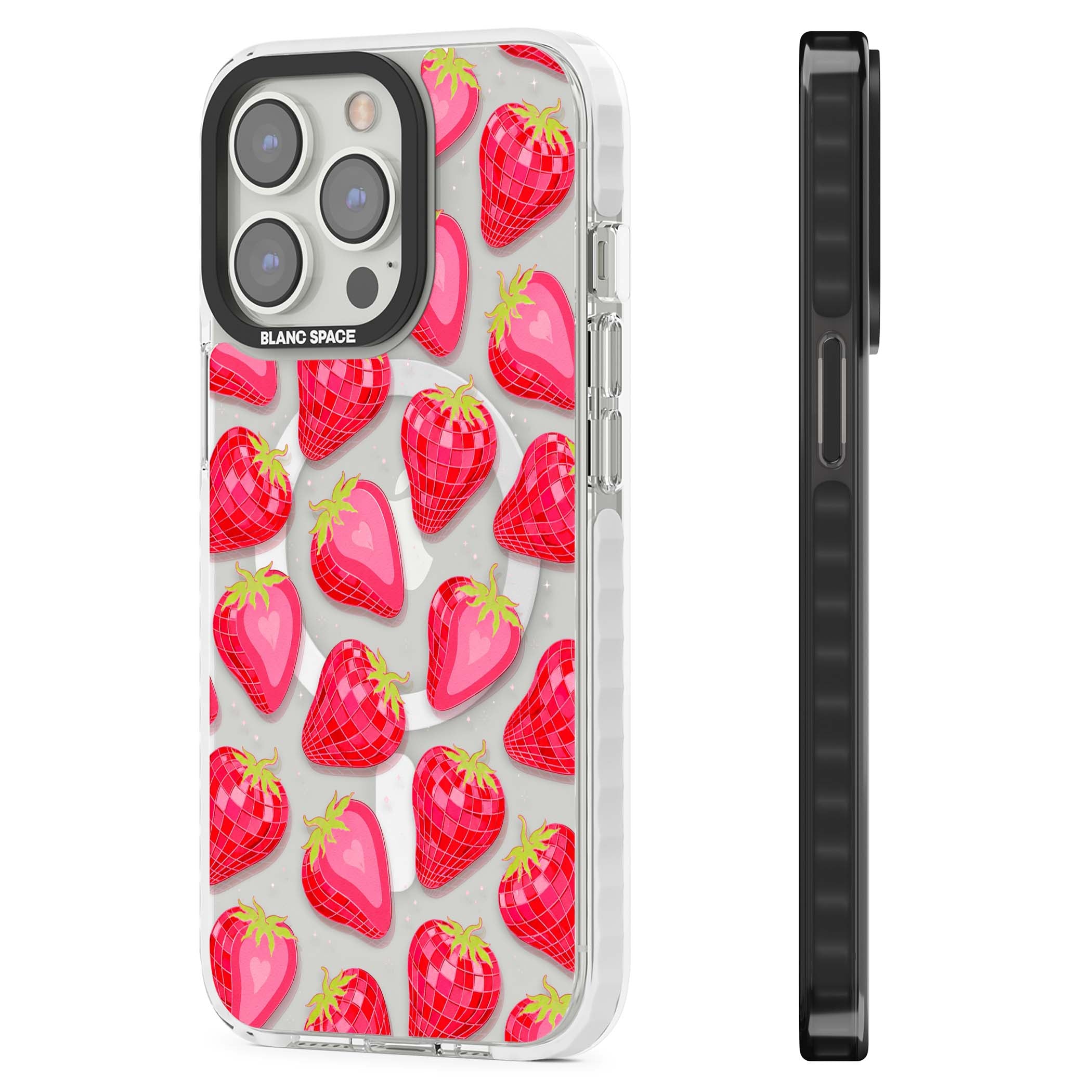 Disco Strawberry Y2K iPhone case featuring pink disco-ball strawberries, green leaves and tiny sparkles | Impact Magsafe case for iPhone 13 Pro, iPhone 14 Pro, iPhone 15 Pro